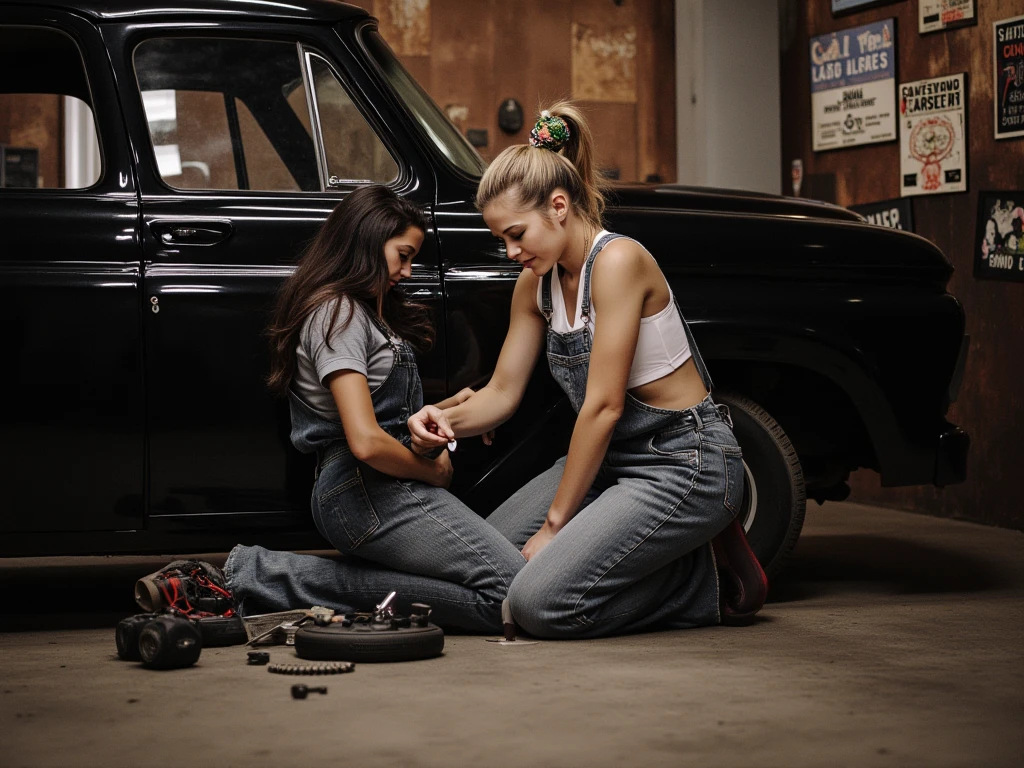 only one beautiful photorealistic car mechanic woman in only work harness