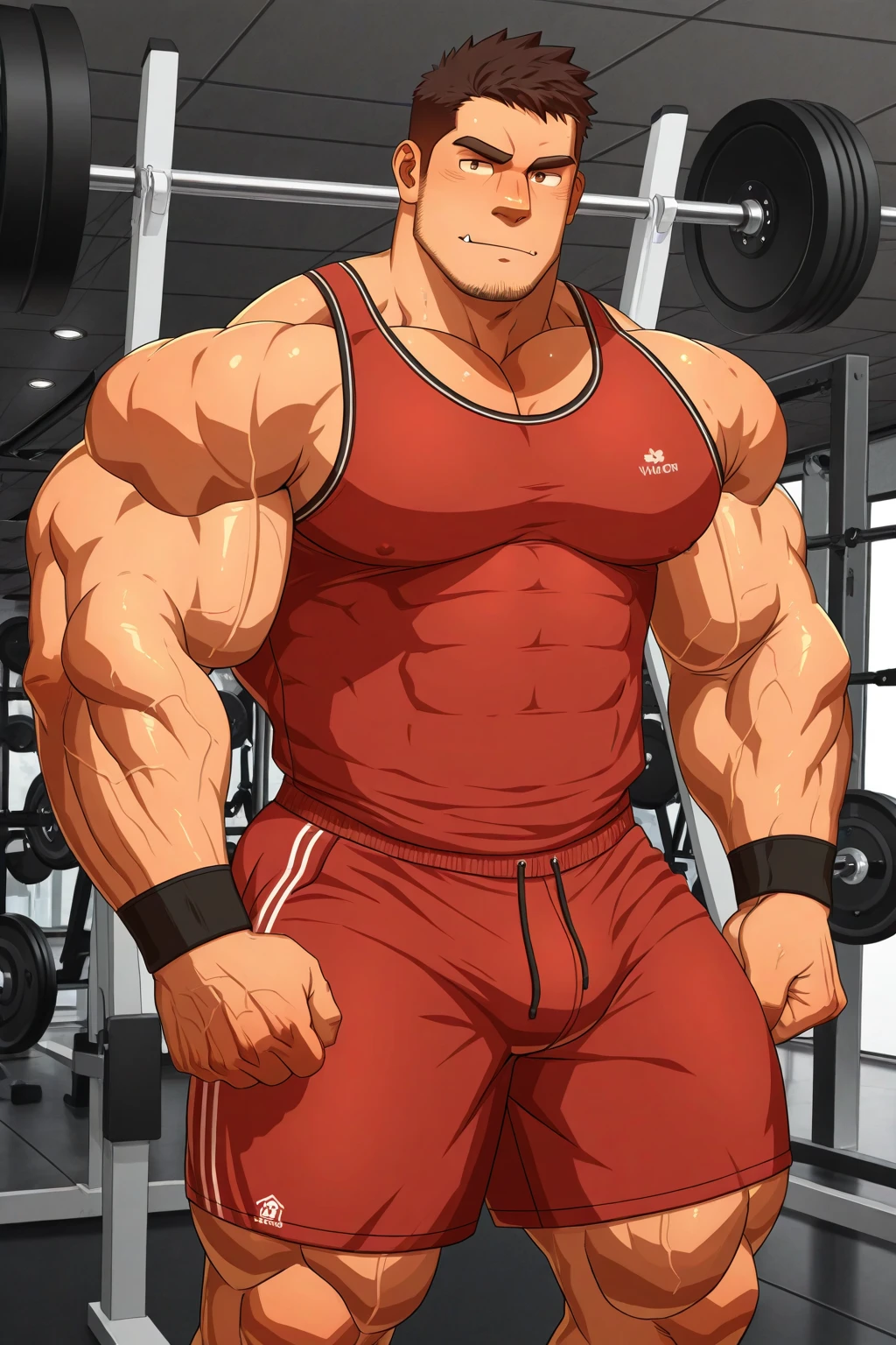 A 15-year-old man wearing orange clothes tight to his body. orange hair Serious and defiant look stands with clenched fists