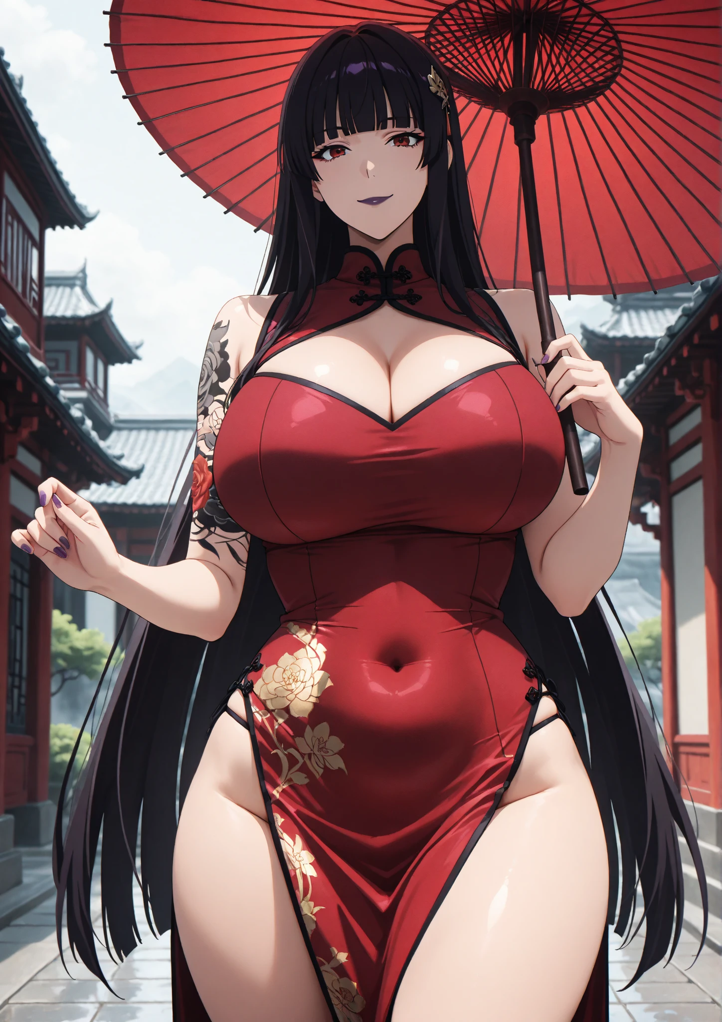 [[[[anime]]]] (game cg), highres, official art, nsfw, (close up, from above),
[[smug]] seductive woman, black himecut with blunt bangs, red eyes, medium breasts, (off shoulder) intricate kimono [[[cleavage]]], japanese garden, ((night, red clouds)), [[red spider lily]]