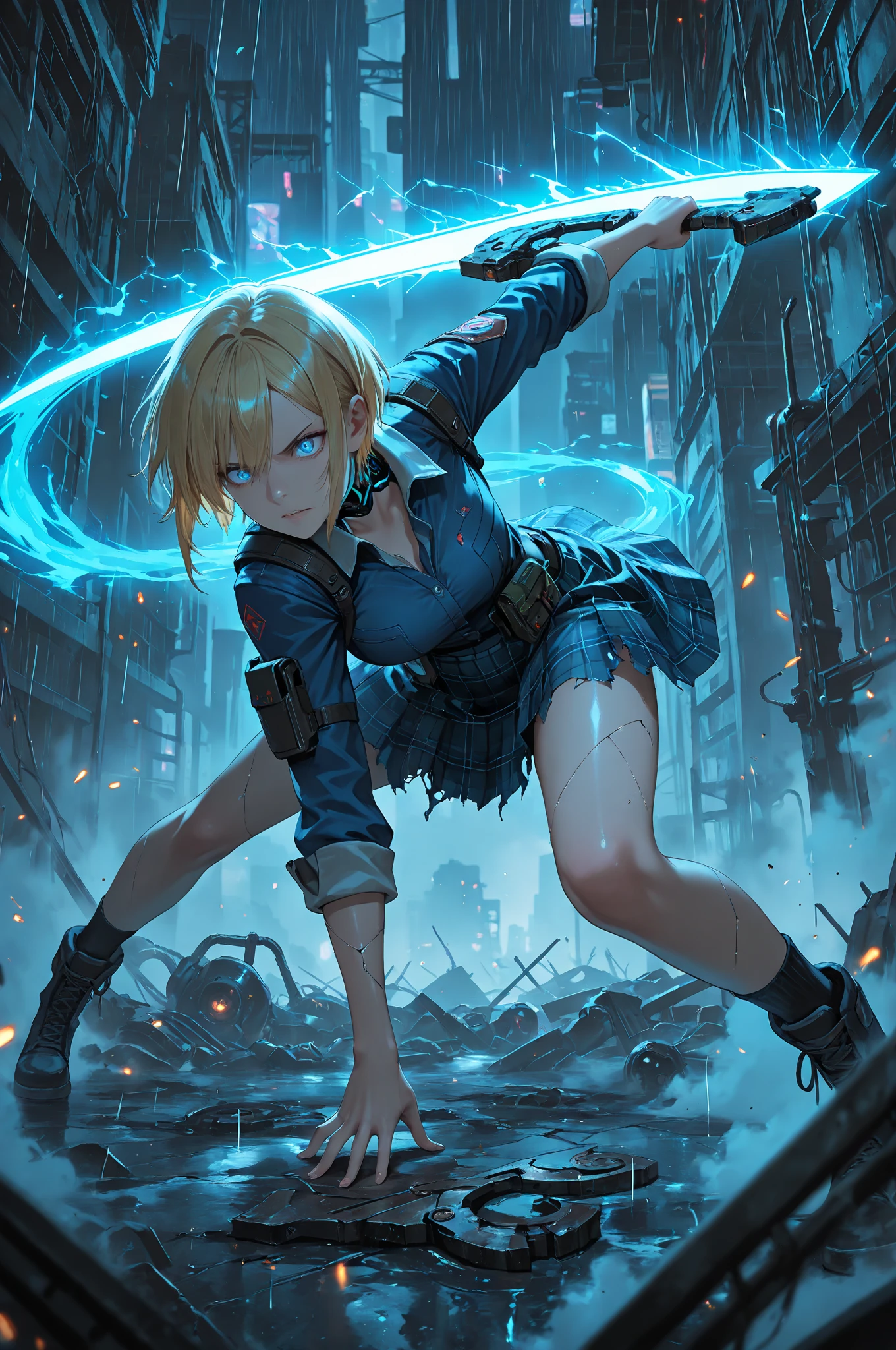 masterpiece, ultra detailed, best quality, 1girl, Kayamori Ruka, Blonde, blue uniform, tartan check skirt, wielding blade, cyberpunk slums, mechanical beasts, slashing pose, dynamic action, blue-white energy effects, neon glow, dark atmosphere, urban decay, night scene, metal structures, sparks flying, glowing cyber effects, combat stance, determined expression, torn clothes, industrial background, rusty pipes, broken machinery, steam effects, dramatic lighting, lens flare, cinematic composition, dystopian setting, rain puddles reflecting neon
