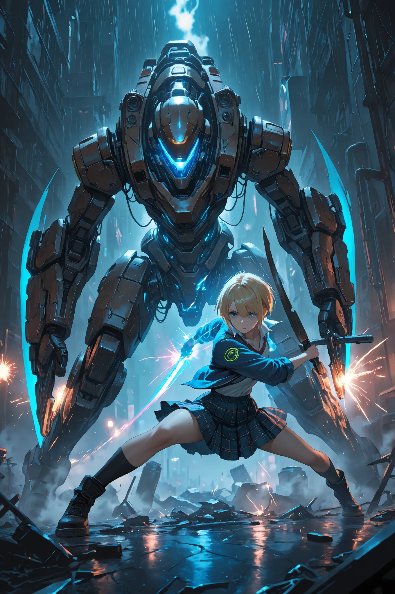 masterpiece, ultra detailed, best quality, 1girl, Kayamori Ruka, Blonde, blue uniform, tartan check skirt, wielding blade, cyberpunk slums, mechanical beasts, slashing pose, dynamic action, blue-white energy effects, neon glow, dark atmosphere, urban decay, night scene, metal structures, sparks flying, glowing cyber effects, combat stance, determined expression, torn clothes, industrial background, rusty pipes, broken machinery, steam effects, dramatic lighting, lens flare, cinematic composition, dystopian setting, rain puddles reflecting neon
