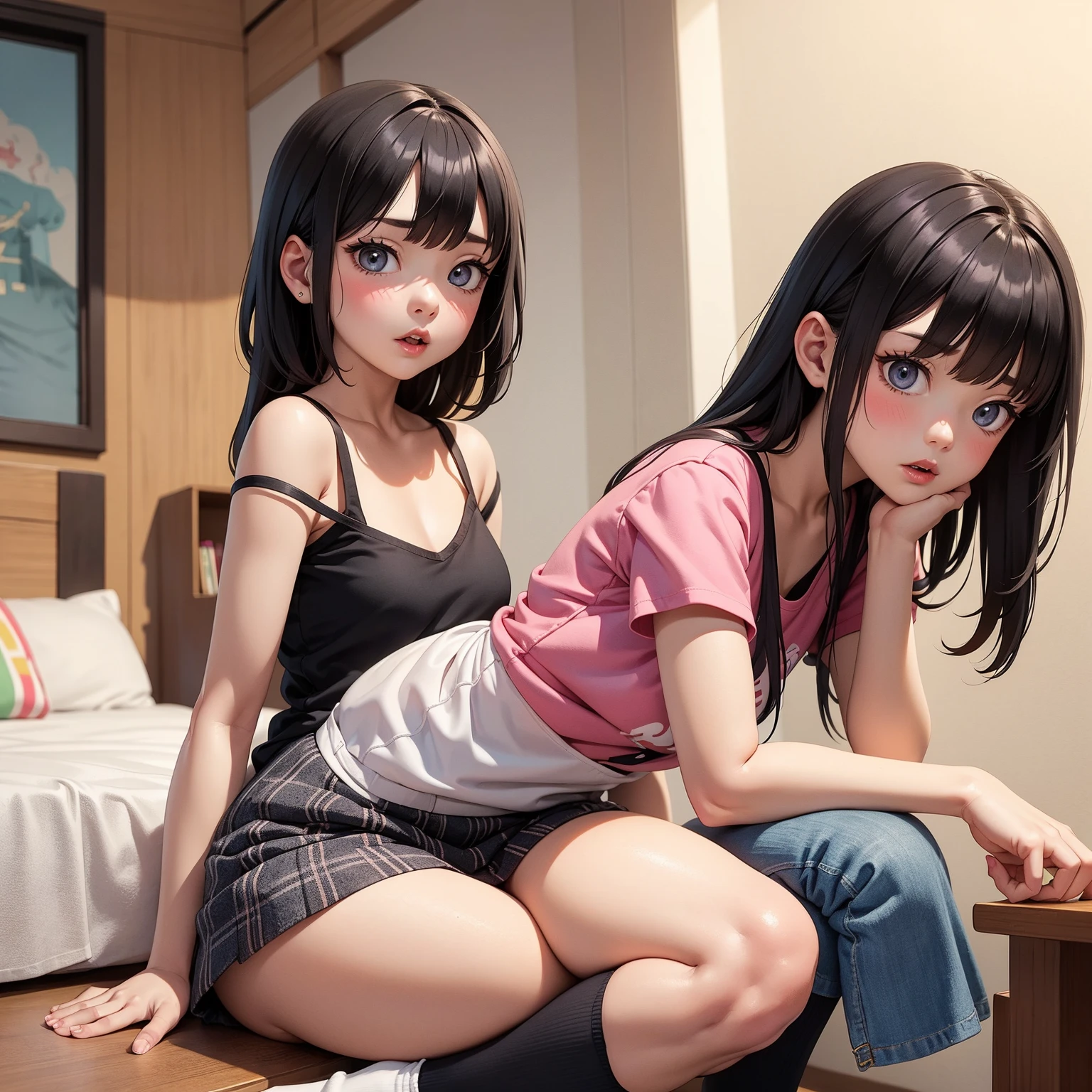 A pet girl,young 17 years old,Beds,Water drips on the body,Sweat profusely,Wearing sweat,Wear a transparent low-necked T-shirt soaked in sweat,No underwear,Bumps,Superskirt,Transparent panties soaked with sweat,white legwear,high-heels,legs separated,squating,long leges,Big breasts Thin waist,,Facing the audience,