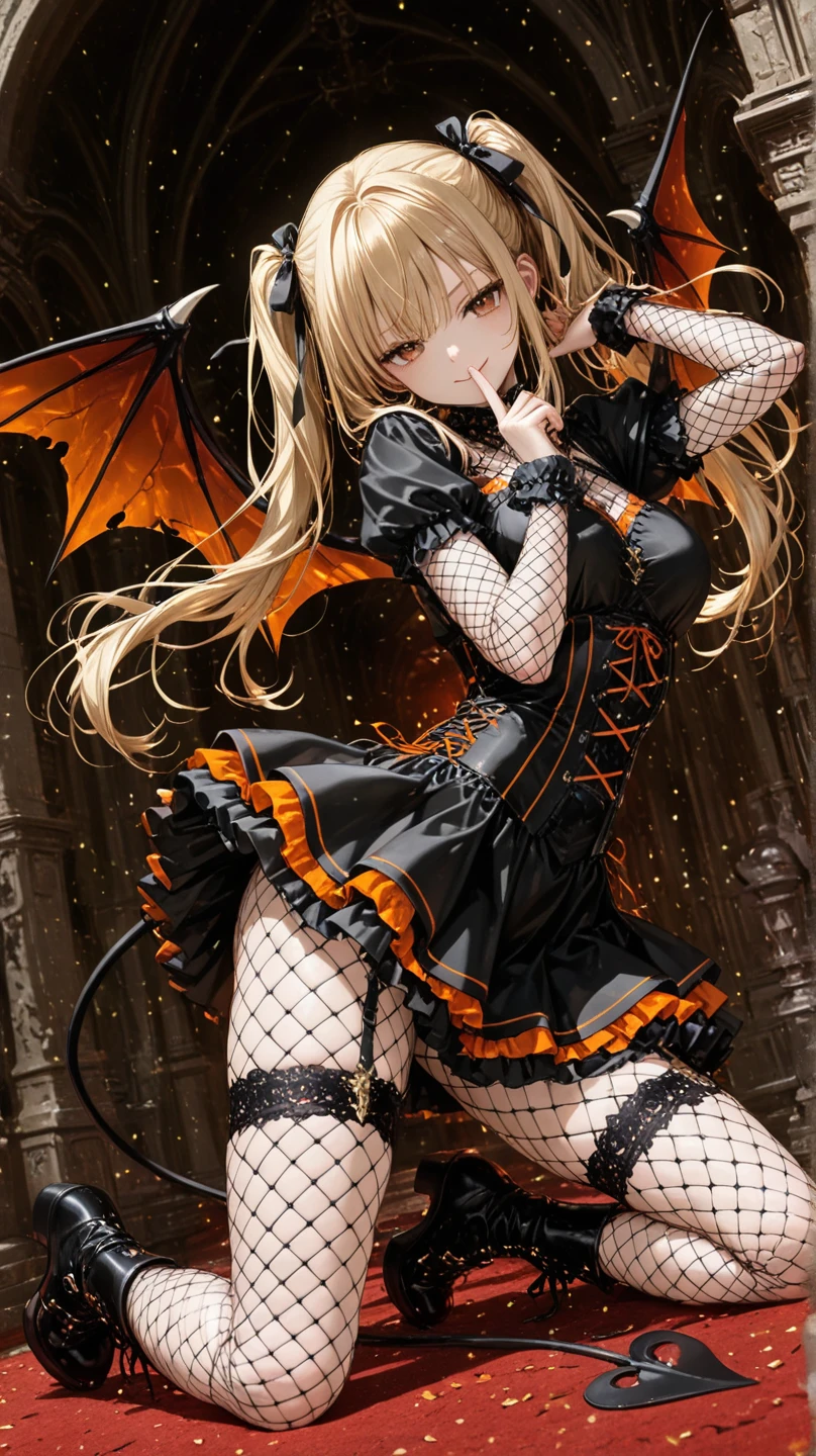 masterpiece, best quality, <lora:KurodaniYamame:1>,1girl, solo, kurodani yamame, blonde hair, white background, breasts, short sleeves, full body, arthropod girl, blush, spider girl, looking at viewer, bow, puffy sleeves, monster girl, hair bow, simple background, yellow eyes, skirt, black skirt, short hair, ponytail, hand up, shirt, standing, dress, black footwear, puffy short sleeves, arthropod limbs, ribbon, shoes, medium breasts, bangs, black bow, black ribbon, black dress, frills, hair between eyes, adapted costume, parted lips, white shirt, large breasts, underbust, brown eyes, multiple legs, alternate costume, arm ribbon, hair ribbon, brown dress, head tilt, jewelry