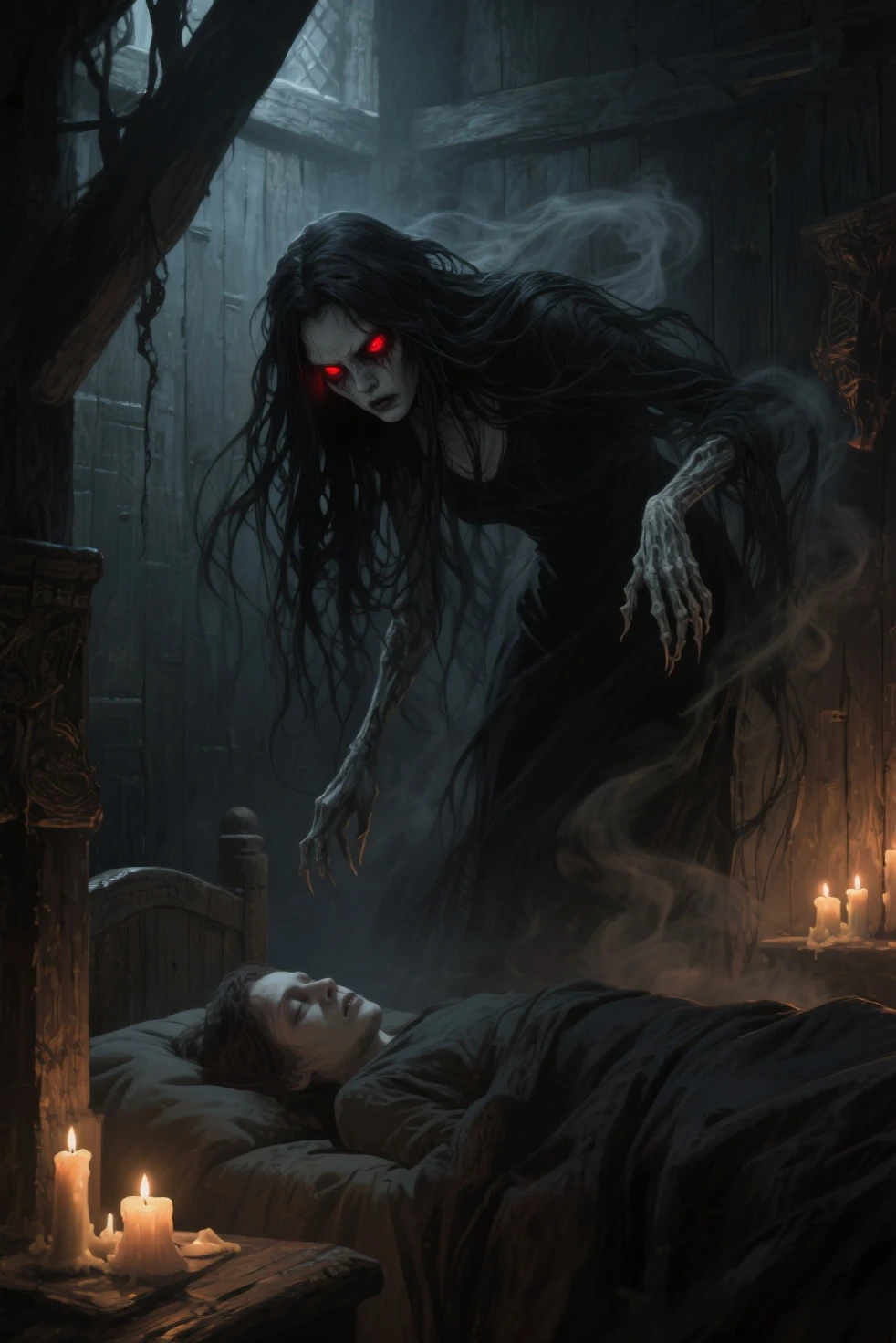 A hauntingly beautiful dark fantasy scene captures a woman lying prone on the ground, shrouded in darkness with only her glowing eyes visible. Her face is enveloped in the shadows of night, and she is surrounded by eerie, otherworldly creatures with distorted, twisted forms. The ominous atmosphere is heightened by the swirling clouds in the sky, casting an eerie glow that intensifies the sense of dread and foreboding. The vibrant, high-quality rendering of this scene immerses the viewer in a cinematic experience, as if the dawn is the only barrier between her and the unknown darkness that looms. This captivating image draws inspiration from the traditional Japanese art form of ukiyo-e, creating a mesmerizing blend of ancient and modern styles., ukiyo-e, cinematic, vibrant, photo, dark fantasy