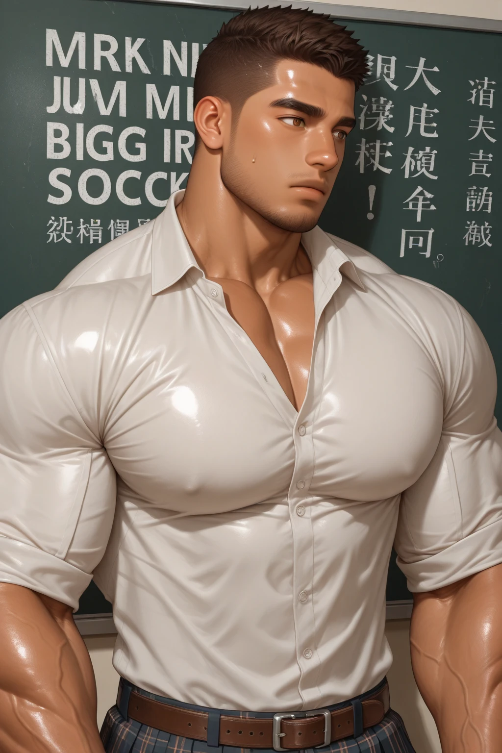 Male, handsome, young, Chinese, ((massive pecs:1.4)), ((tight clothing:1.2)), (white buttoned up shirt)