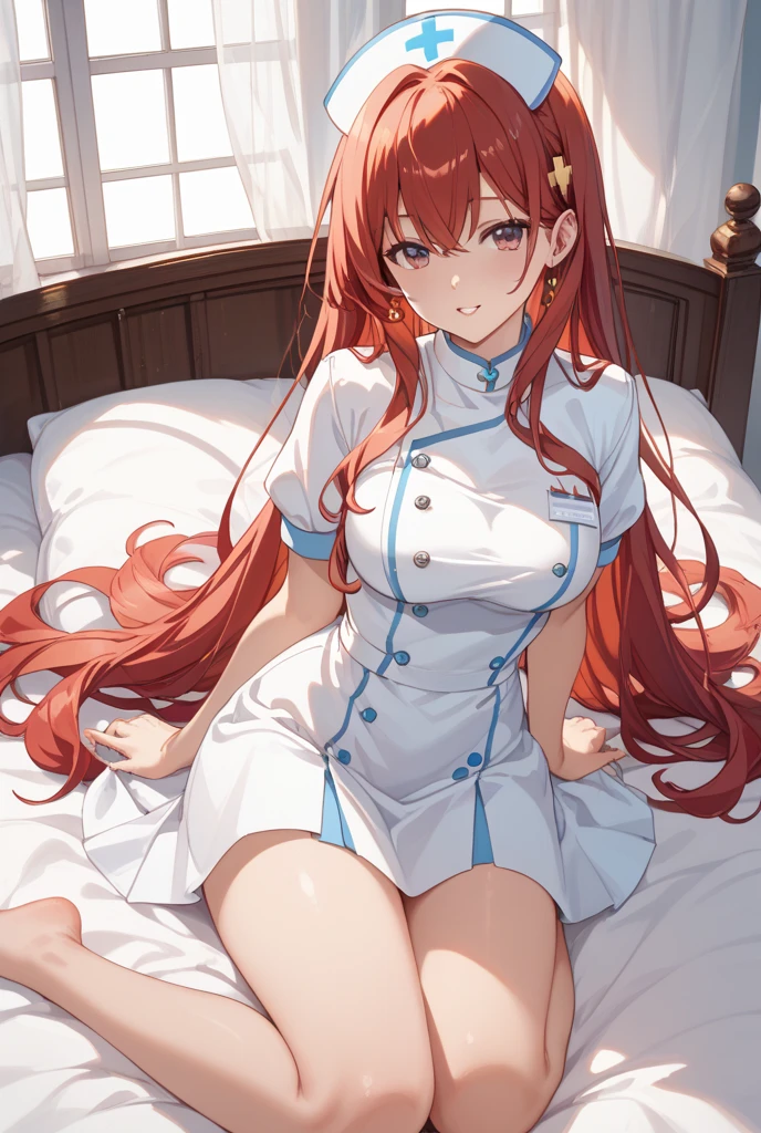 A beautiful woman with long, curly red hair. She is wearing a white masseuse outfit with short skirt. She is standing near the massage bed and smiling at you.