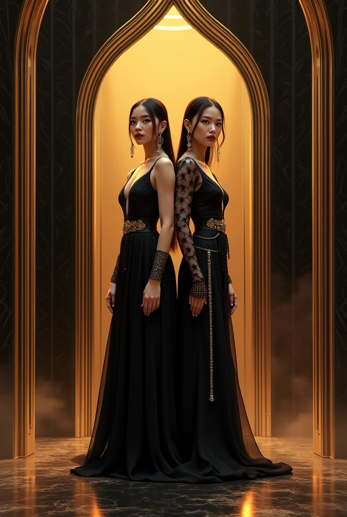 Spooky fashion runway , vogue photography , Inspired by classical painting and cyberpunk。(Best quality,4K,8K,A high resolution,Masterpiece:1.2), (Realistic,Photorealistic,photo-realistic:1.37).