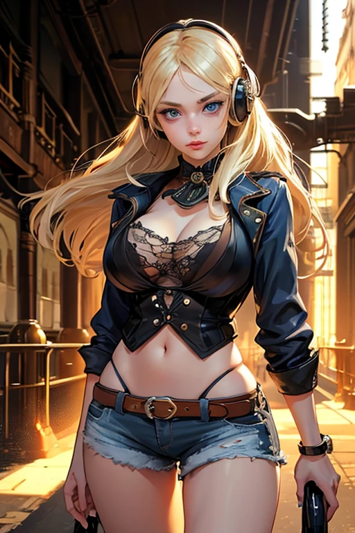 Canon 50mm lens, (Portrait), (supermodel cowboy) Young woman, curvy figure, yellow hair, white skin, green eyes, wearing wide eared cowboy hat with flowers, sequined Western shirt, denim skirt with tie details, sequined cowboy boots, scarf, leather gloves, Western era, Cyberpunk, future, sexy, detailed face, masterpiece, best quality, photo, Realistic, very aesthetic, hands detail, night view, neon,