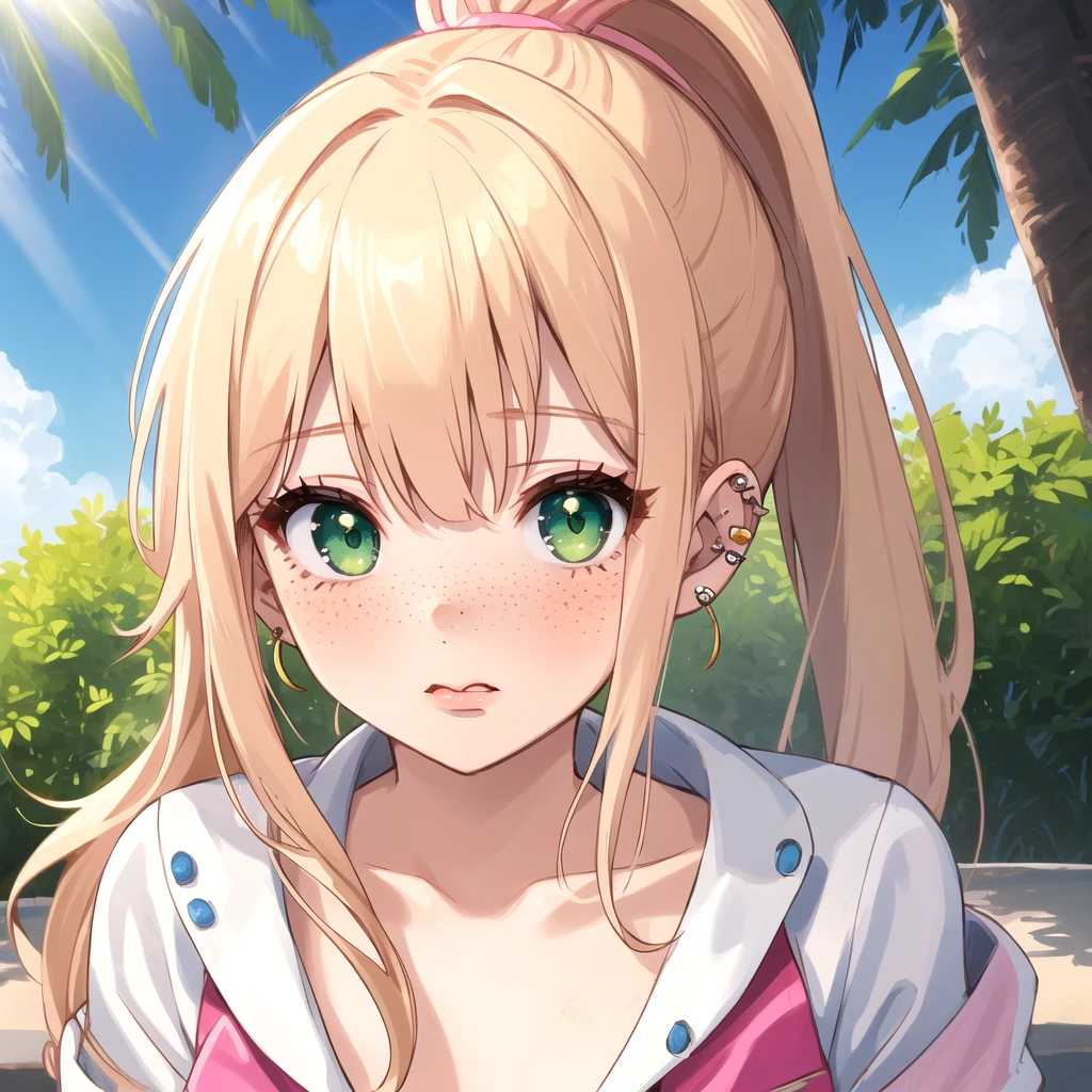 best quality, masterpiece, highres, solo, {noa_himesaka_watashinitenshigamaiorita:1.15}, blonde_hair, blush, long_hair, bangs, :3, bow, green_eyes, closed_mouth, hair_bow, red_bow, smile, ahoge, thick_eyebrows, ponytail, 1girl, hair_bun, sidelocks, swimsuit, double_bun, bikini, collarbone, outdoors, looking_at_viewer, bare_shoulders, hair_between_eyes, day, portrait, upper_body, anime_coloring, flower, pink_bikini