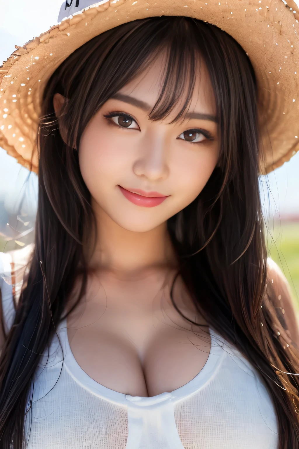 (raw photo:1.2), ((photorealistic:1.4)), best quality, masterpiece, extremely detailed, 8k wallpaper, fine detail, best quality, extremely detailed 8k wallpaper, detailed face, detailed eyes, double eyelids, highres, ((SFW)), MILF, (very large breasts), nipple slip, woman wearing a yellow sundress, bare shoulders, see-through dress, almost see through, straw hat, long brown hair, lively eyes, sexy lips, smiling, hourglass figure, outside in a field