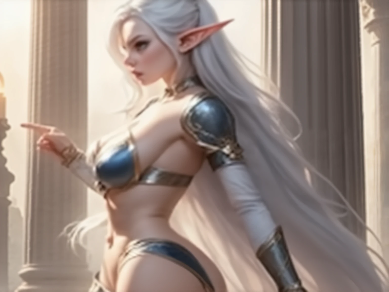 Trading card of Sexy elf queen, perfect boob, wearing are sext silver-white warrior queen bikini, realistic, jewelry, body chains, glowing detailed eyes, smooth skin, cool, edgy, muscular.