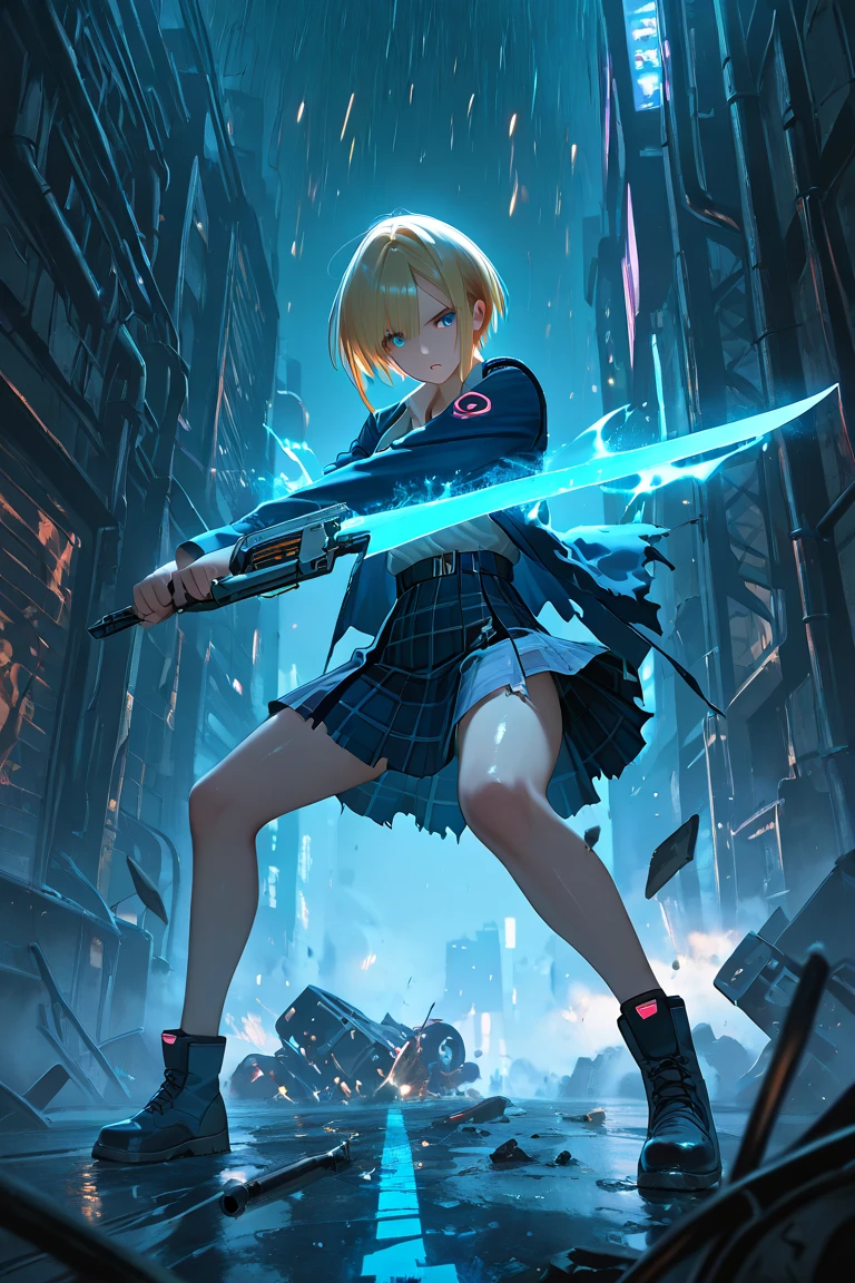 masterpiece, ultra detailed, best quality, 1girl, Kayamori Ruka, Blonde, blue uniform, tartan check skirt, wielding blade, cyberpunk slums, mechanical beasts, slashing pose, dynamic action, blue-white energy effects, neon glow, dark atmosphere, urban decay, night scene, metal structures, sparks flying, glowing cyber effects, combat stance, determined expression, torn clothes, industrial background, rusty pipes, broken machinery, steam effects, dramatic lighting, lens flare, cinematic composition, dystopian setting, rain puddles reflecting neon
