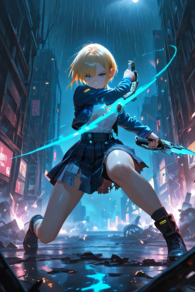 masterpiece, ultra detailed, best quality, 1girl, Kayamori Ruka, Blonde, blue uniform, tartan check skirt, wielding blade, cyberpunk slums, mechanical beasts, slashing pose, dynamic action, blue-white energy effects, neon glow, dark atmosphere, urban decay, night scene, metal structures, sparks flying, glowing cyber effects, combat stance, determined expression, torn clothes, industrial background, rusty pipes, broken machinery, steam effects, dramatic lighting, lens flare, cinematic composition, dystopian setting, rain puddles reflecting neon
