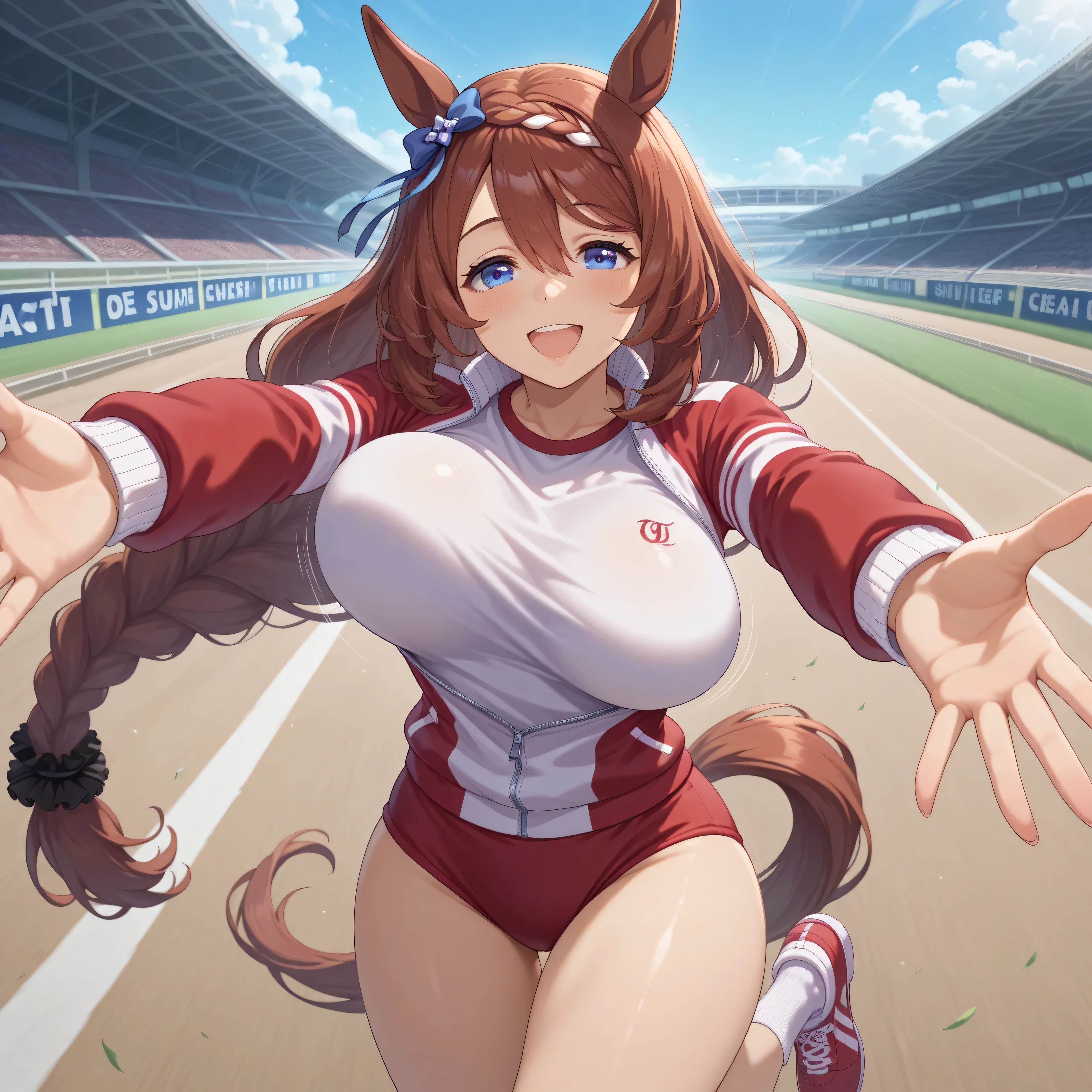 anime, lazypos, masterpiece, best quality, amazing quality, at racetrack, 1girl, solo, alone, super creek \(umamusume\), horse ears, horse girl, horse tail, long hair, brown hair, blue eyes, very long hair, hair between eyes, bangs, braided ponytail, tracen training jacket, red buruma, red sneakers, zip fastener, gym shirt, long sleeves, looking at viewer, ecstatic, smiling, mouth open, crashing into viewer, arms outstretched towards viewer, bouncing breasts,