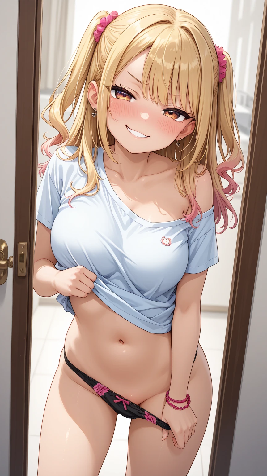 エロいBikini、Random pose、Adult bikini、Wet、、Medium Hair、Light cream colored hair、Pale pink eyes、学校のlocker room、locker room、Blushing、Embarrassed、Bikini、