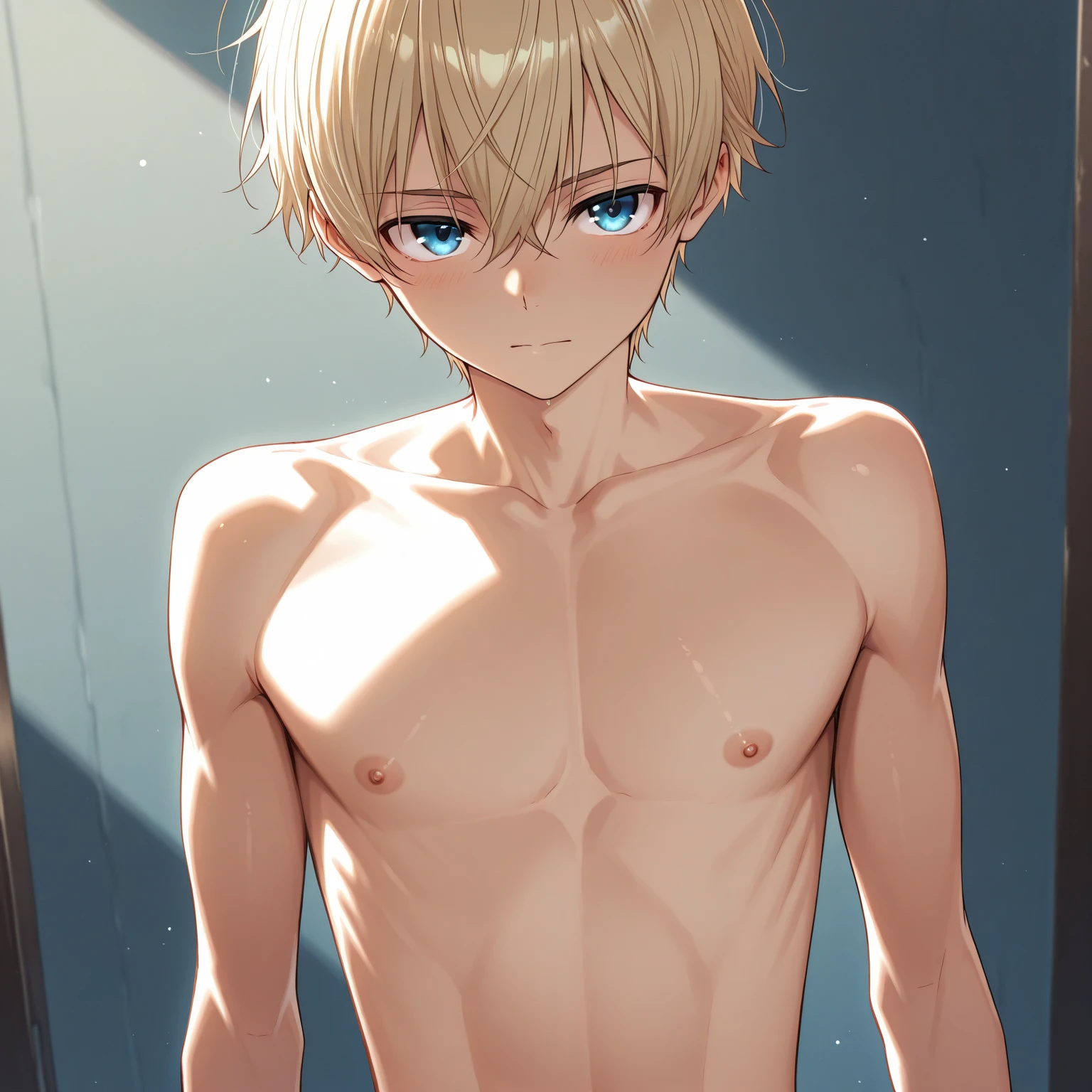 nsfw,(Cute man's daughter),blonde low twintails,(naked),Groin bulge,Embarrassed expression,Being stripped down to underwear from the front