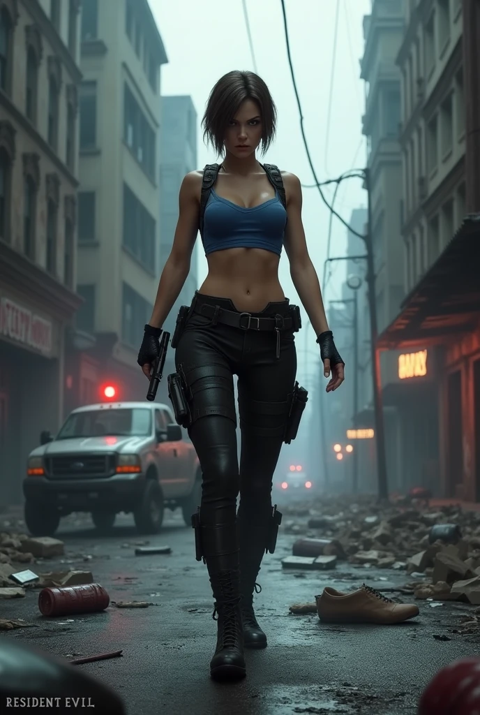 1girl, zotovalentine, smile, tank top, shoulder holster, athletic, (black jeans), (black boots), beautifull jill valentine, (ultra detailed), (8k, intricate), (85mm), full body, wide shot, (highly detailed:1.2), breast focus, (detailed face), sfw, colorful, (detailed eyes:0.5), (detailed background), daylight, solo