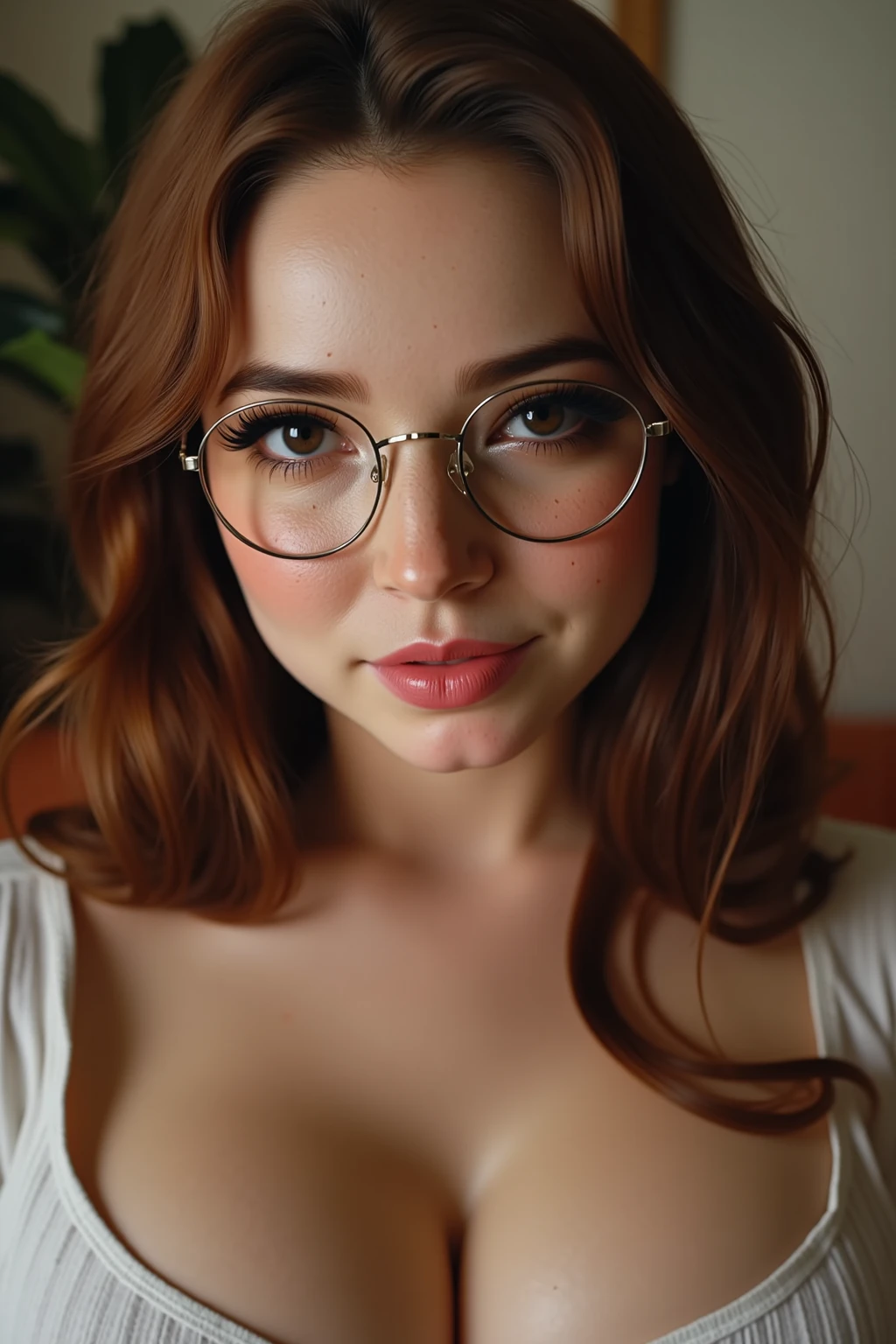 absurdres, foto RAW, mais alta qualidade, (obra-prima: 1.3), foto de cor RAW de alto detalhe, foto profissional, unidade de papel de parede CG 8k extremamente detalhada, foto-realista, realista, foto RAW, obra-prima, melhor qualidade, highres, illustration, 1girl, 17 ANOS, baixinha, branca, ruiva, cabelo vermelho, cabelo ruivo com cachos, cabelo ondulado, curly hair, Average length, pernas finas, rosto lindo perfeito com sardas, cardune lips, belos olhos realistas, (olho direito verde, olho esquerdo azul), ((heterocromia)), pale skin, textura de pele detalhada, seios muito pequenos naturais, seios planos, bunda pequena. Rosas tatuadas nos ombros. Ruiva. Eyeglasses. Sorriso. Saindo do banho. Fazendo sexo oral. Estilo bruxa. Pagan style, celtic, wiccan. She looks amazing. (design detalhado), casa, noite.