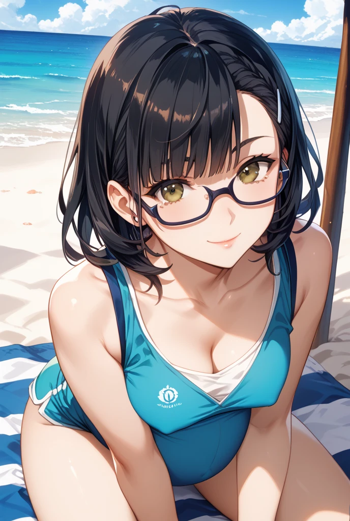 Colorful swimsuits,A pair of sunglasses,cute,Normal behavior,Kneeling on the beach,a beautiful woman, brown hair, (solo:1.2),(highest quality,extremely clear,masterpiece:1.2),full-body shot