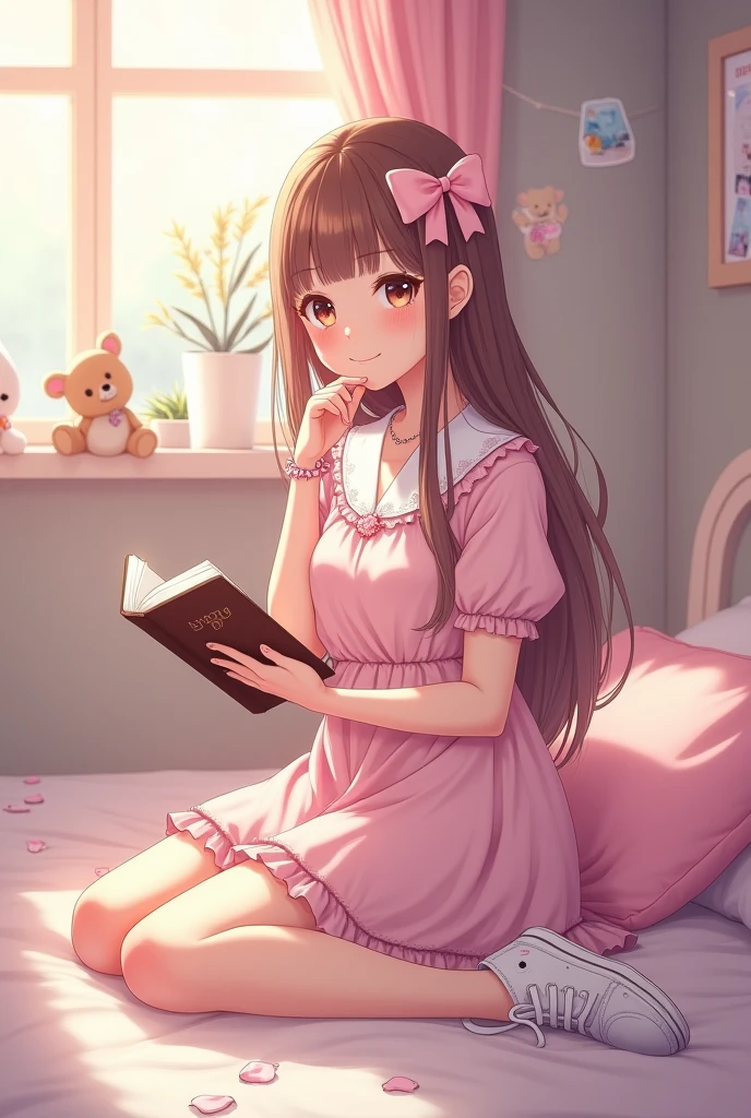 Haz a una chica con un vestido rosado puesto sentada leyendo un libro junto a un arbol