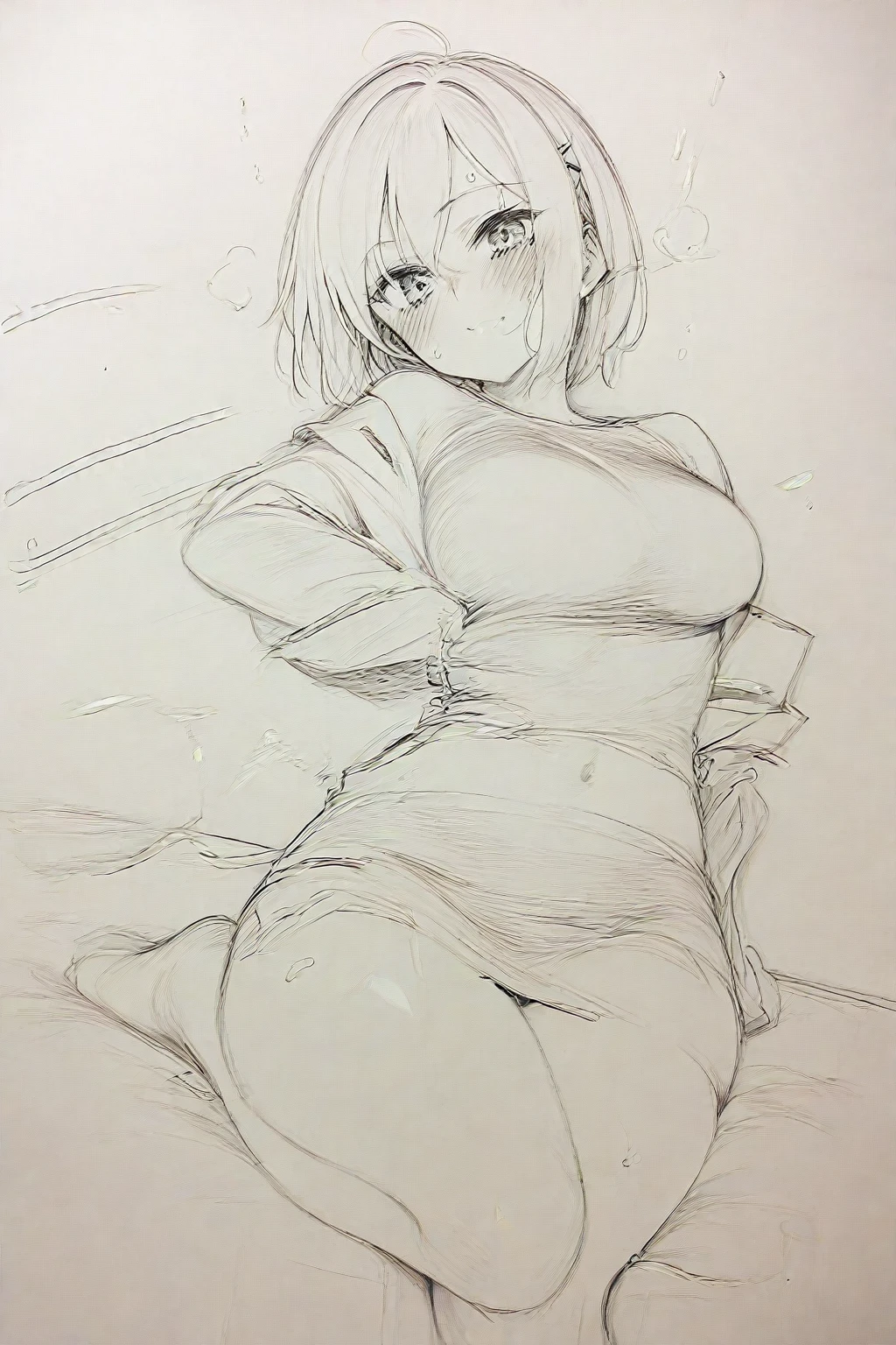 nsfw, masturbation:1.3, one hand touch pussy, pussy juice:0.5, full body, from front, open legs:1.3, squatting:1.3, female, white, colour pencil drawing, draft drawing, illustration, Thin-lipped frown, half close eyes, rolling eyes, close lips tightly