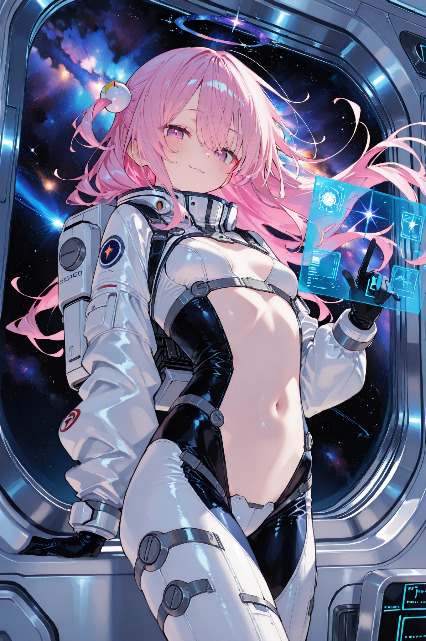 (masterpiece, top quality, very aesthetic, 4k、illustration), intricate detail, 1girl,leaning against a glass wall、(cowboy shot)、light smile、(anime,niji)、animated painting
Cute 、pink hair、twintails,middle hair,sidelock ,high ,blue eyes、Space suit, tights suit、small breasts,Slim 、anime,niji