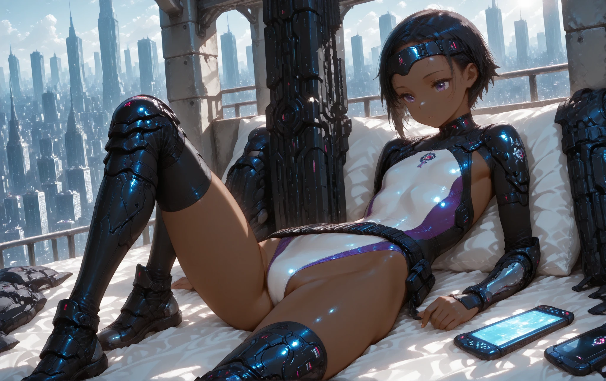Tone black woman standing with legs spread looking down at the camera, wearing a white sexy leotard, cyberpunk jacket and pantyhose and combat boots. In elevator, reflective and neon lights