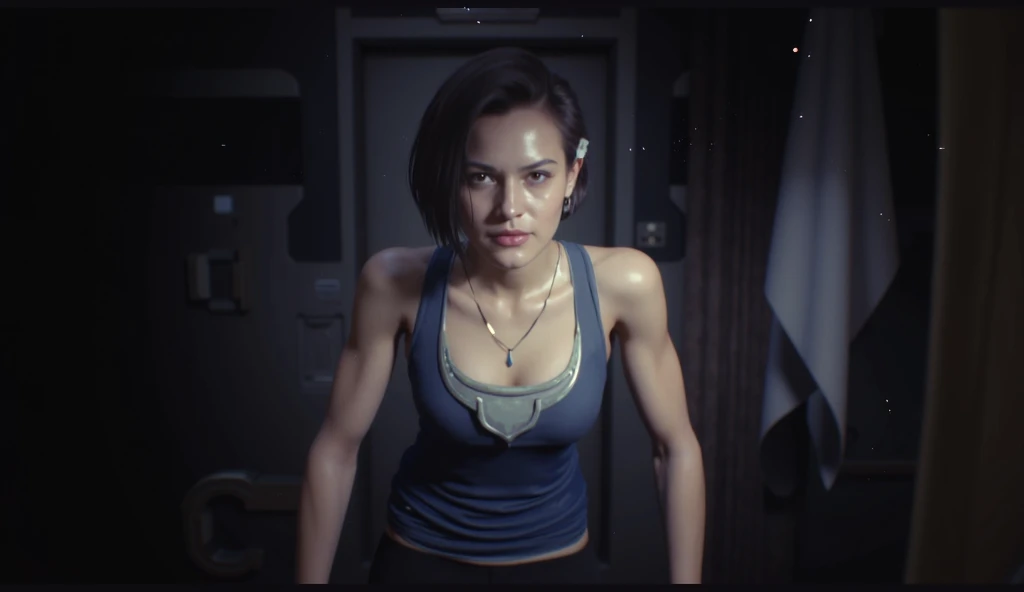 photorealistic photo of a Hot cleverage open torso wearing armor tank top ponytail scared terrified Sci fi Emilia Clarke holding a sci fi pistol on Dark ishimura haunted abandoned Horror Space Ship photography, photorealism, cinematic rendering, ray tracing, the highest quality, the highest detail, Cinematic, Third-Person View, Blur Effect, Long Exposure, 8K, Ultra-HD, Natural Lighting, Spooky Red mist Moody Lighting, Cinematic Lighting