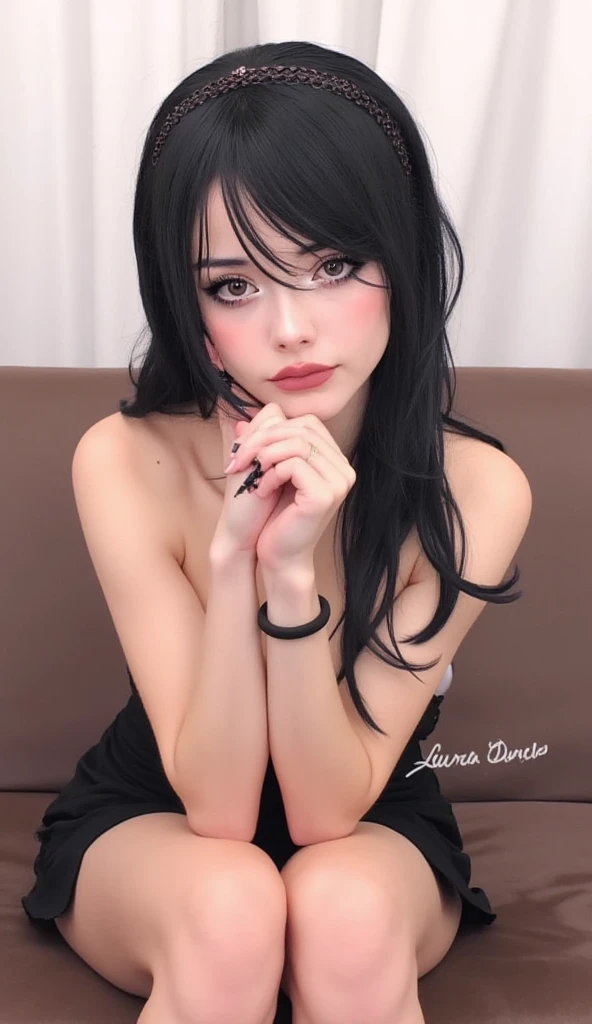 RAW photo, (a portrait photo of a 25y.o. woman:1.2), dim lit, (sitting, inside caffee:1.1), (medium breasts:1.3), (smiling:1.1), (high detailed skin:1.0), detailed eyes, 8k uhd, dslr, soft lighting, best quality, film grain, Fujifilm XT3, (skinny:1.2), (wearing blouse and skirt:1.2), (pastel goth style:1.1), shortt hair, (black hair:1.2), (oily hair:0.8), (eyeliner:1.1), beauty marks, (italian woman:1.2)