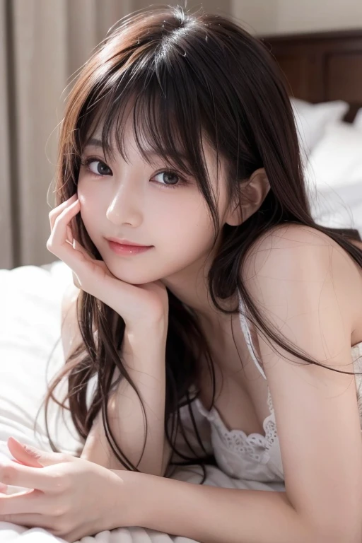 (Sleeping on your back, Lie down in bed, ベッドにLying down, Lying down:1.2),(Long white hair),choker(8k, RAW Photos, Highest quality, The pieces fly:1.2), (reality, Realistic:1.4), (The photo shows her from the knees up.), Sharp focus, Depth of written border, Cinema Lighting, Soft Light, Detailed beauty eyes,Asymmetrical bangs, Glowing Skin, Highly detailed skin ,High resolution, Attention to detail, Detailed hairstyle, Detailed beauty face, Hyper Real, Perfect limbs, Perfect Anatomy ,1 Japanese girl,Famous Japanese Idols, Perfect female body,A shy smile,Long eyelashes,double eyelid,Look straight here、Street,Stand up straight and face me,look straight at me,Small breasts