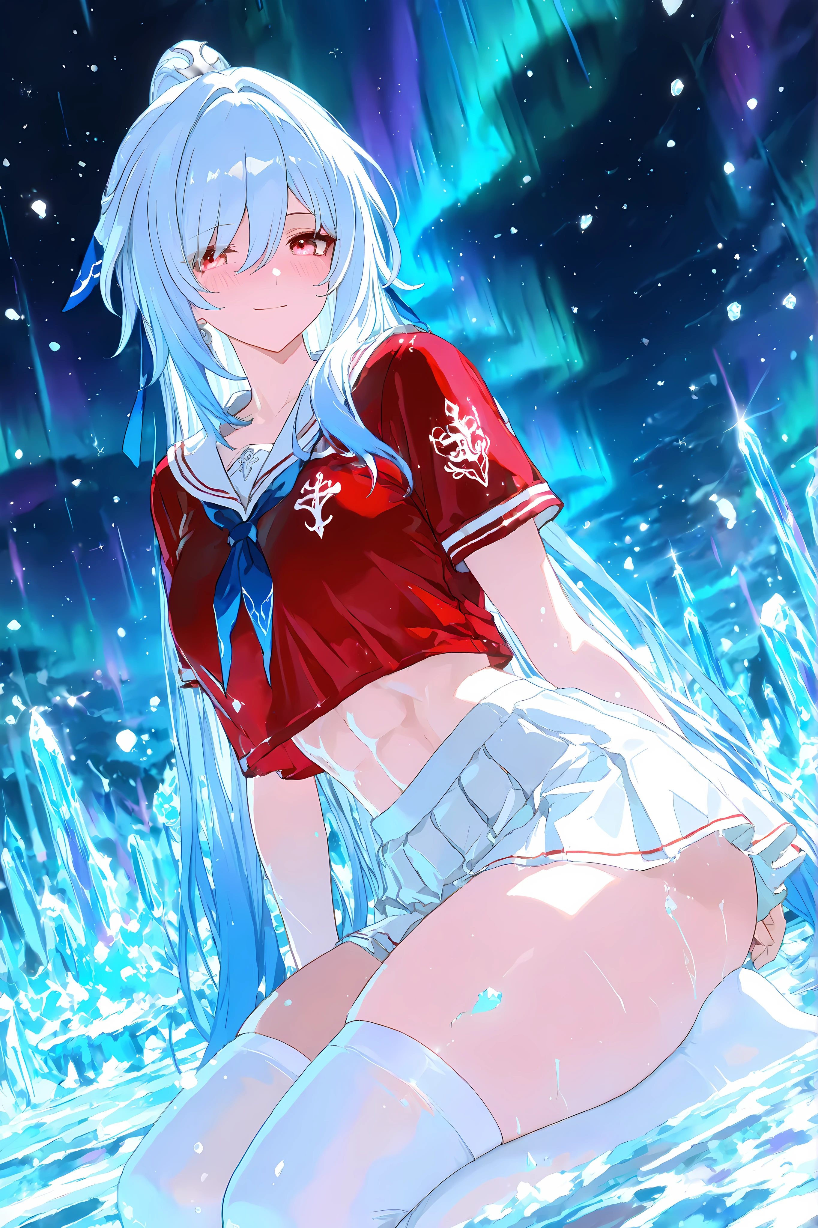 masterpiece, best quality, highres, anime style, 1girl, solo, (Jingliu from Honkai Star Rail), long light blue hair, silver hair, high ponytail, blue ribbon in hair, red eyes, blushing, smiling, wearing a sporty sailor outfit, red crop top, sailor collar, white anchor emblem on chest, showing midriff, toned abs, white pleated miniskirt, short skirt, white thigh-highs with red stripes, thick thighs, kneeling on a frozen surface, back arched, buttocks pushed up towards the viewer, looking back over her shoulder seductively, background of sharp, glowing ice crystals bursting outwards, aurora borealis effect in shades of blue and turquoise.,xmc