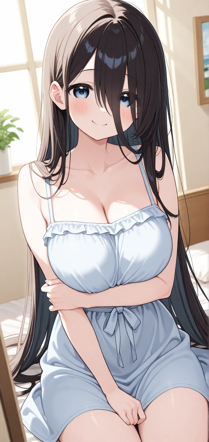 (upper body:1.4),(masterpiece),Bright room,Bedroom,(Daytime), (White underwear:1.3),Portraiture, Realistic, Brown eyes, Black Hair,Long Straight Hair, Large Breasts,(18-year-old),8k resolution,(smile:1.2),High quality CG, Beautiful CG, (White underwear:1.3),Soft Light, (Aesthetic Anime Eyes),