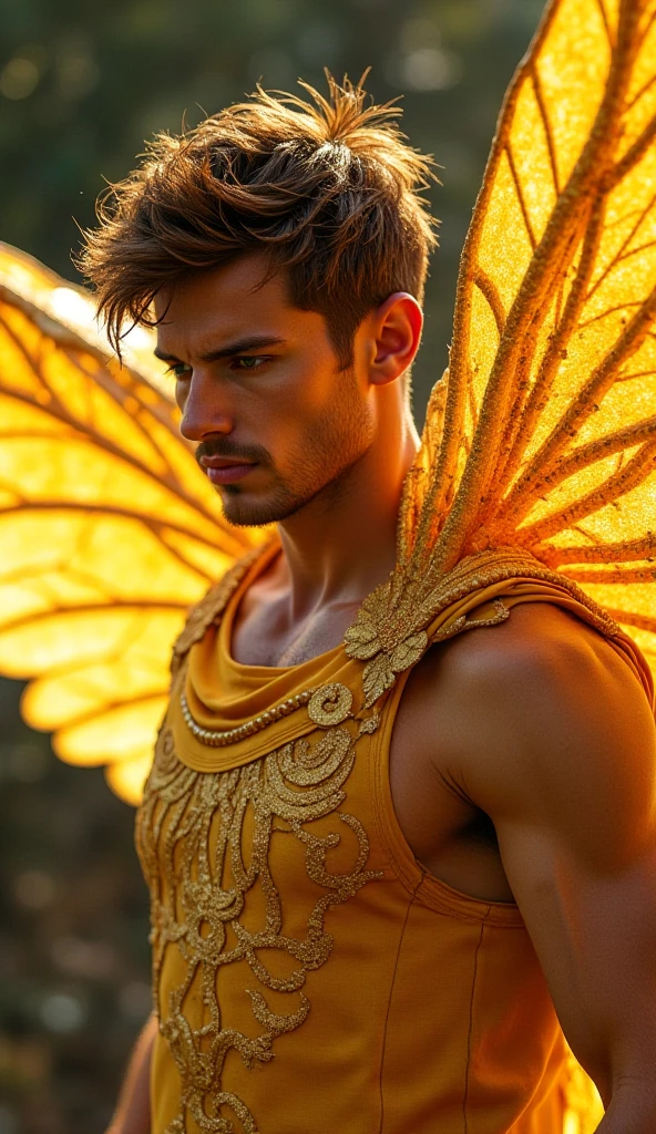 Fairy male black man with orange and gold details, large wings, detailed face, detailed hands, detailed legs, detailed fingers, detailed hair, detailed eyes, detailed skin, lush vegetation blurred background, vibrant colors, lush light, soft light, sunset light, smooth light, symmetrical, full body, reflections, dynamic HDR lighting, 8k resolution, cinematic film, smooth, sharp focus, realistic, strobe light beams, ((blurred background)):1.7, (((depth of field)) ):1.8, cinestill 800t 35mm, high quality, heavy grain, high detail, cinematic composition, dramatic light, anamorphic, ultra wide lens, hyperrealistic --auto