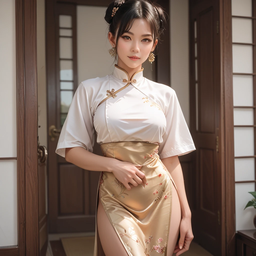 /*Quality writing*/
of the highest quality, 16 K, masutepiece, hyperdetailed face, very detailed lips, Detailed eyes, Realistic pupils,
BREAK,
/*Characters and expressions*/
Extremely beautiful girl, Asian Girl, 1 girl, Light on Face, (chinese bun hair), ((Very sweet smile)),
BREAK
/*garments*/
(((Beige cheongsam))), ((chinese traditional dresses)), qipao dress, one piece dress, Polka dot panties, spread legs、show panties,white panties,camel's toe
BREAK
/*the pose*/
(Lift the hem of the skirt, Lift the hem of the skirt with both hands, Lift the hem of the skirt yourself), nice hand, Perfect hands
break
/*Angular posture*/
Shanghai Street, Cowboy Shot, Looking at Viewer