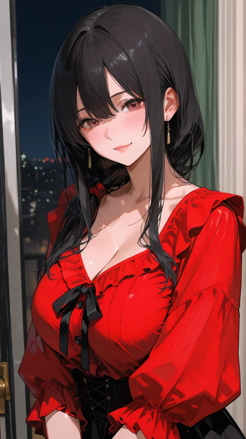 (masterpiece:1.3, Highest quality, Ultra-high resolution, Very detailed), (Realistic, photoRealistic:1.4), Beautiful illustrations, Perfect lighting, colorful, Written boundary depth, 
Beautiful detailsまでこだわった髪, Beautifully detailed face, Beautiful details, Beautiful clavicle, Beautiful body, Beautiful big breasts, Beautiful thighs, Beautiful legs, Beautiful fingers, 
Show Viewer、Front view:0.6, beauty1人, Japanese, beauty、30 years old, Perfect Face, (Perfect ???????, Anatomically correct), Cute and symmetrical face, Baby Face, , Shiny skin, 
(Outfit in black and red tones:1.4)、
(Black Hair, Updo Hair:1.4),  Dark brown eyes, The body is slim, 
hair ornaments、 
(Beautiful views), (night), (Hotel room),(bed)、Sitting, 優しいsmile、(smile, Lips parted), 