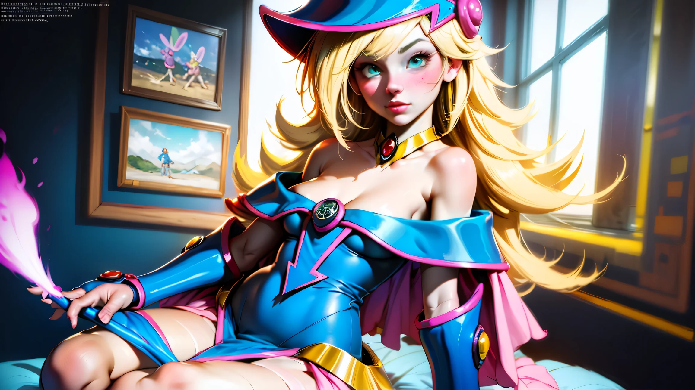 ((masterpiece,best quality,ultra-delicate,Perfect Face,16k,high resolution,very beautiful woman)),(blue skin:1.2,red sleeveless jacket), blue slime body,purple panties,bunny ears,large breasts,purple bowtie,gold long hair,smile,standing