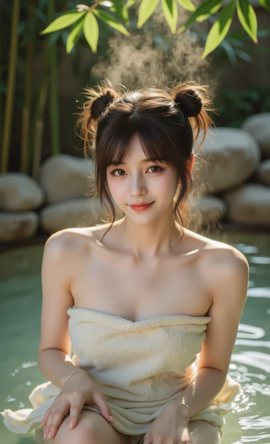 最high quality、high quality、Best image quality、8k、最High resolution、High resolution、最high quality、masterpiece、far and near method、Detailed and realistic human body、Detailed and realistic skin、Realistic face in every detail、Realistic reproduction of every detail、Detailed and realistic lips、Detailed and realistic teeth、Detailed and realistic ears、Detailed and realistic hair、Detailed and realistic arms、Realistic reproduction of every detail、Realistic fingers in every detail、(Beautiful Hands、thumb１reference４)、Realistic feet down to the last detail、((Beautiful Japanese Girl))、(Japanese Model), (Japanese women)、((Beautiful 16 year old girl))、(Black Hair)、((Medium chest:1.4))、(Single hair bun:1.7)、(Sexy look)、((whole body))、((Full nudity:1.5))、((Beautiful upturned breasts))、(Slim Style、Slim fit)、(whole body glossy skin、Fair skin)、(Soft natural light)、((Skyscraper rooftop(Artificial open-air bath))、((wall、fence、An open-air bath without partitions))、((An open-air bath with a view of the surrounding skyscrapers))、((You can see a skyscraper in the background))、((Pubic hair growing:1.4))、((Large bathtub(deep bathtub))、((Take a bath in the open-air bath))、((A woman warming herself in an open-air bath))、((A woman relaxing while lying in an open-air bath))、((Bathing in an open-air bath))、((Bathing in an open-air bath))、((Bathing in an open-air bath))、((Sleeping underwater in an open-air bath))、((An open-air bath where you can immerse yourself up to your shoulders))、((Very clear water))、((The main body seen from the water surface))、((Steamy open-air bath))、((A lot of steam rises from the open-air bath....))、Sexy pose