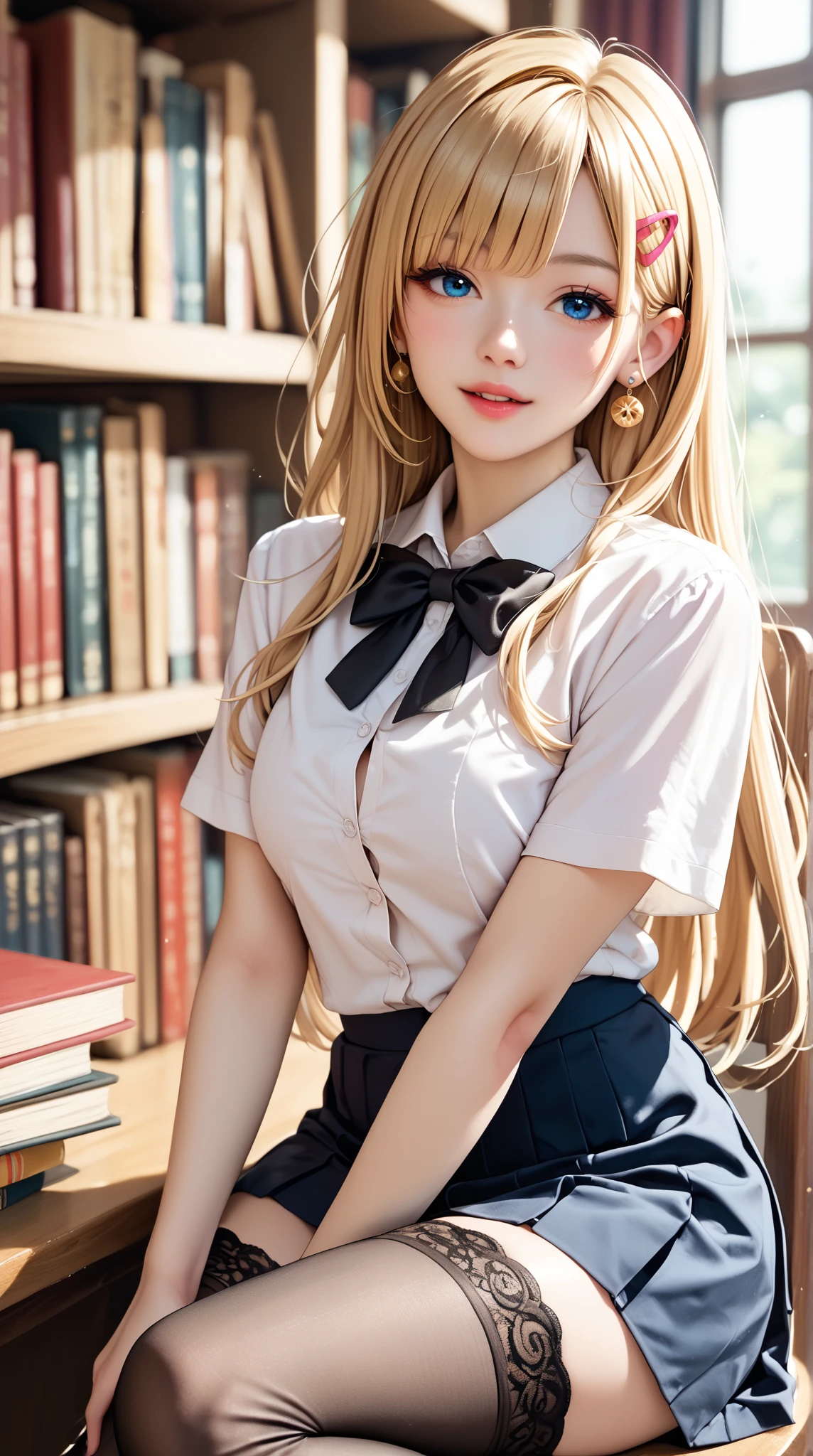 Masterpiece, 16k, realisticly detailed, foto quality, best quality, Hermione ,long blond hair, pigtails,glasses, tight white button-up shirt, neck tie, short skirt, high heels, ((huge boobs))+++, huge button gaps, (bursting out)+++, standing in class room with other busty female wizards --auto --s2