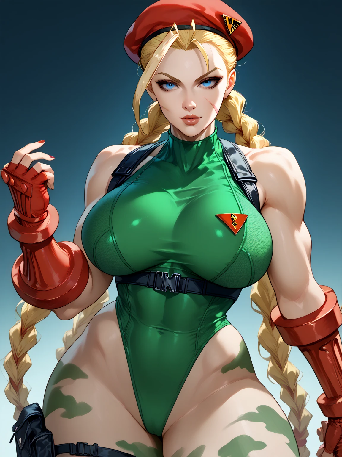 A tall woman has a big chest, long blonde hair, braids, her blue eye, she wears a green bra and a thong, thighs, sexy, big, big woman, wearing a brown boot, wearing a red steel glove. 