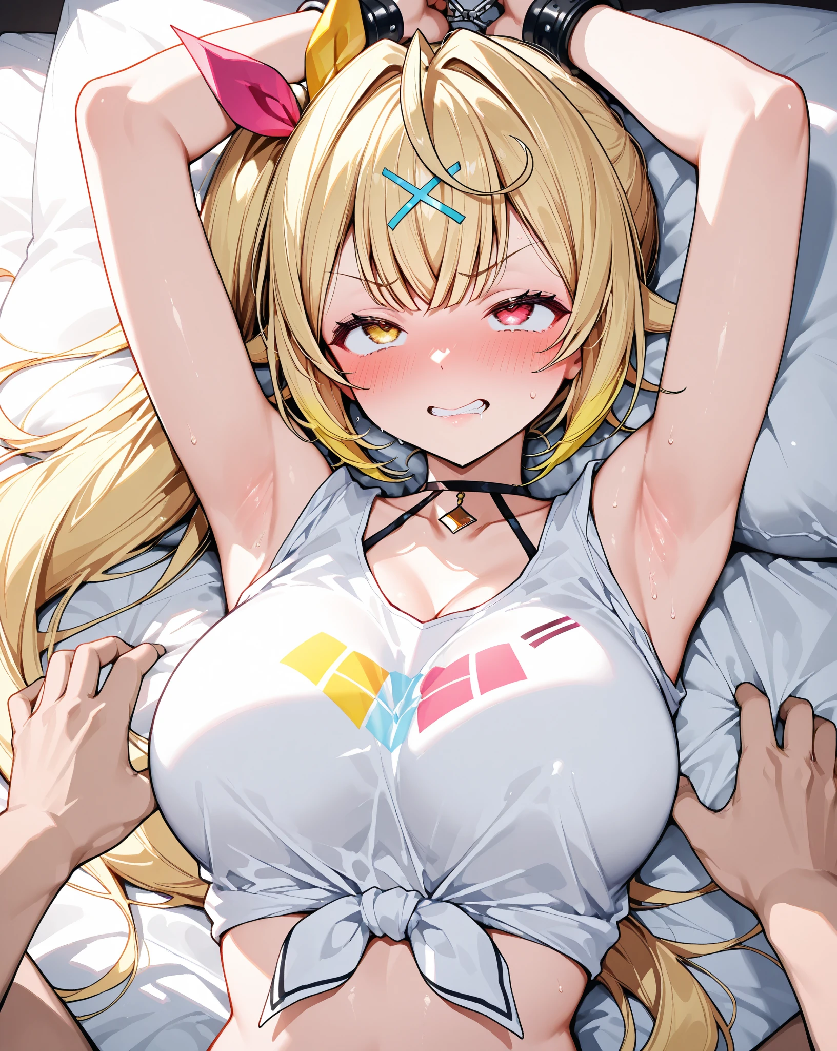 (Masterpiece, Top quality: 1.5), nsfw, sitting on bed, (1boy and 1girl :1.3), (Mythra :1.3),(breast grab from behind:1.3), a boy is with black hair, (セーラー服 :1.4), (large breasts:1.3), standard weight, Blonde Hair, 16 year old, (pubic hair:1.3), angry, (flustered:1.3), sexual climax:1.2, open mouth, bed room