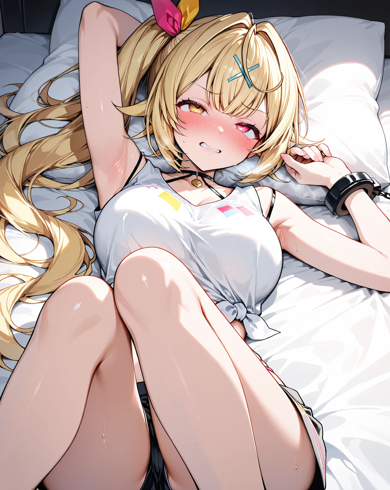 1girll, Bed_gauges, black_legwear, Blush, Breasts, cleavage, 鎖骨, Covered with, Covered with_Breasts, Crossed_Arms, Green_Eyes, mediating_Breasts, Misty_(Pokemon), navel, , Orange_Hair, short_Hair, Side_pony tails, signatures, Sitting, Solo, upper legs, ???????,