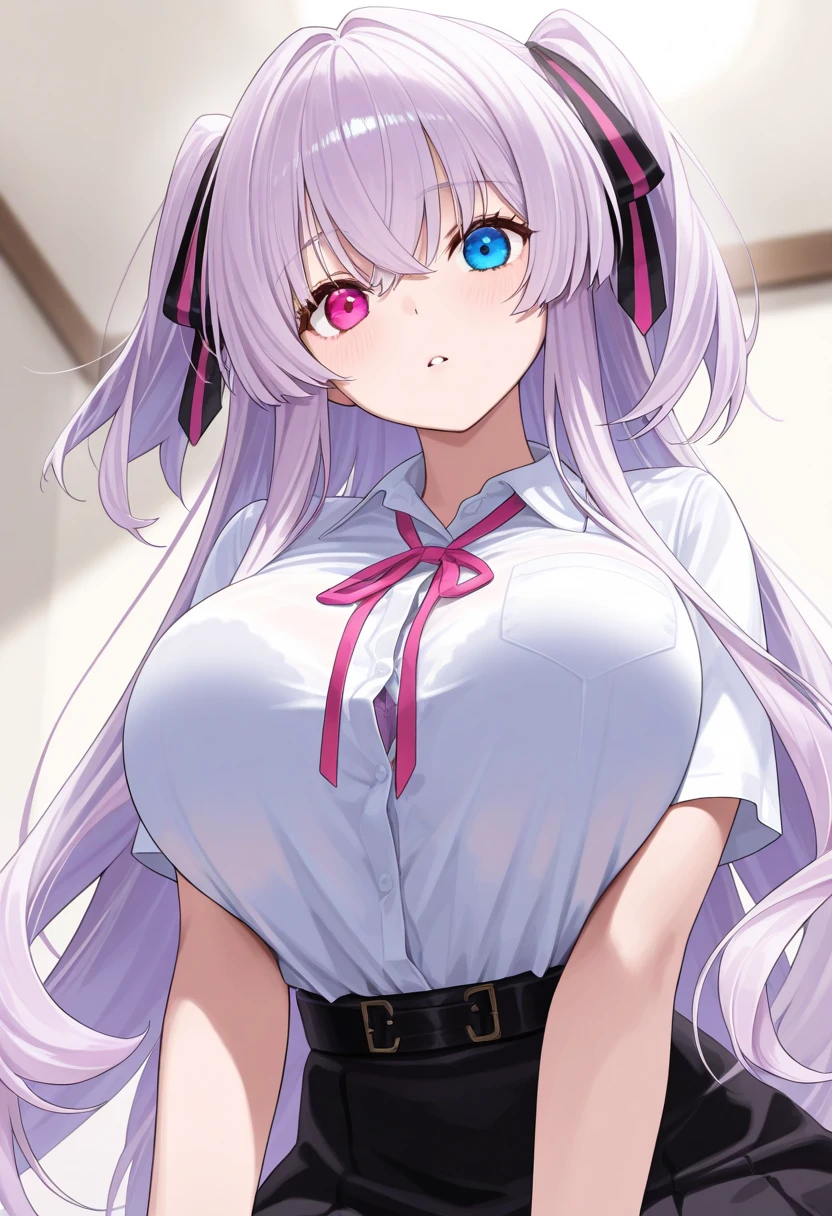 Wolf Woman, Big Breasts, Voluminous light purple hair, One girl, masterpiece , Red eyes、Double teeth、tooth、Blushed cheeks、 hd, Head to Chest, buried in my chest、Underbust、Cleavage、Cheerleader、Big Tits、Open your mouth wide、Grin、White Iriini character