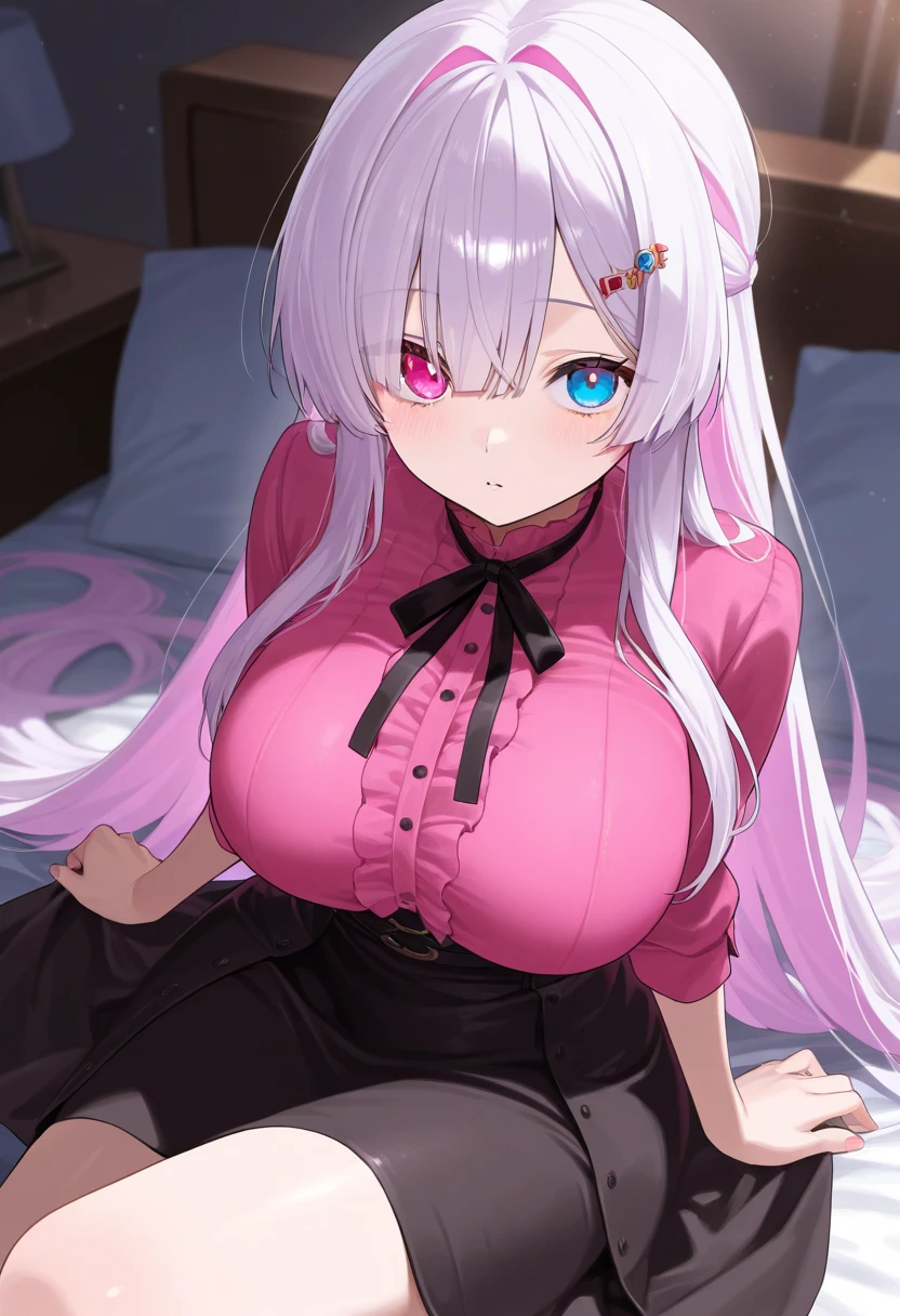 1 woman, demon girl posing in sofa, helpless ready to be fucked, blushed face, demon horns, white shirt, shor black skirt,big breast, a picture by Shitao, pixiv, anime girls, seductive smile while unbutton her shirt, (half body illustration), (beautiful detailed eyes:1.6), extremely detailed face, perfect lighting, extremely detailed CG, (perfect hands, perfect anatomy).