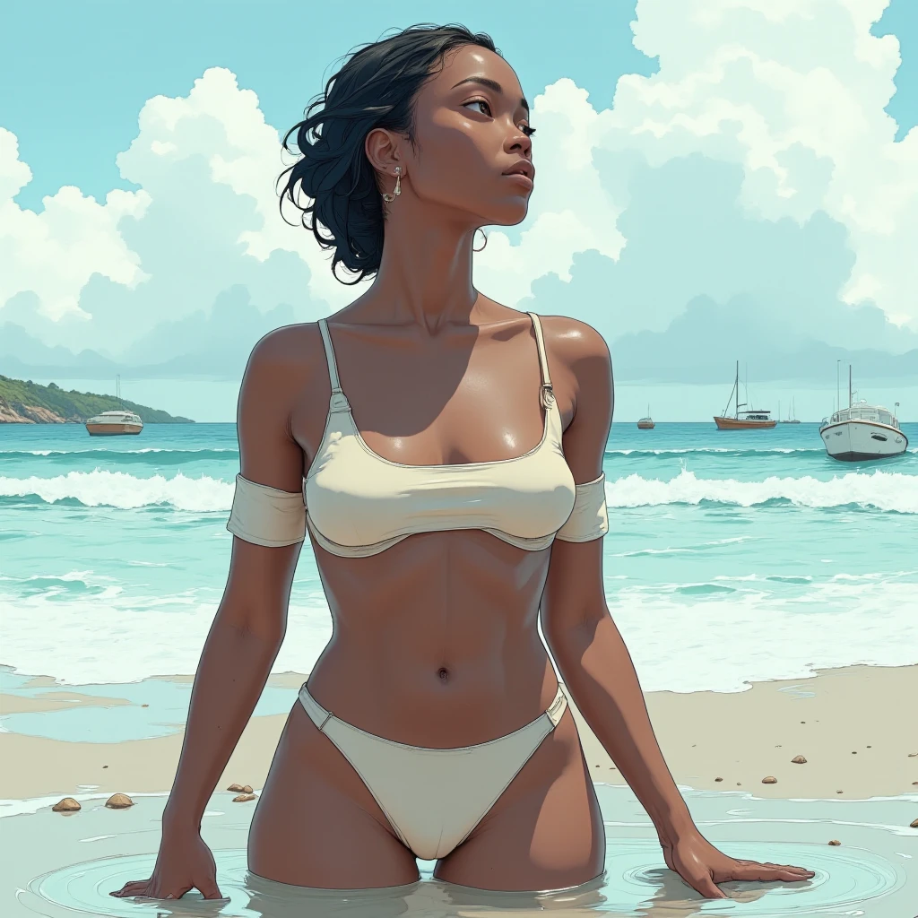 dark chocolate skin color sexy beautiful stunningly gorgeous nude nude nude breasts pussy short curly red afro hoop earrings silky white beach hat large black sunglasse, laying down in the sand win the water, shore line, small wave night time full moon in the distance