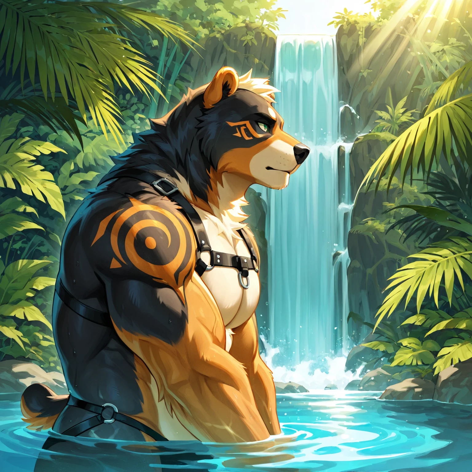 a mature daddy, wolf, light-colored hair, crew cut, stubble, beautiful nature scenery, muscular, standing in the water under the waterfall, wet body, speedo, Handsome face, eyes with brightness, The man looks confident and determined, upper-body shot, body half in water, short hair, realistic water splashes, Icelandic landscape, Dynamic Angle, volumetric lighting, (Best quality, A high resolution, Photorealistic), Cinematic lighting, Masterpiece, RAW photo, Intricate details, hdr, depth of field