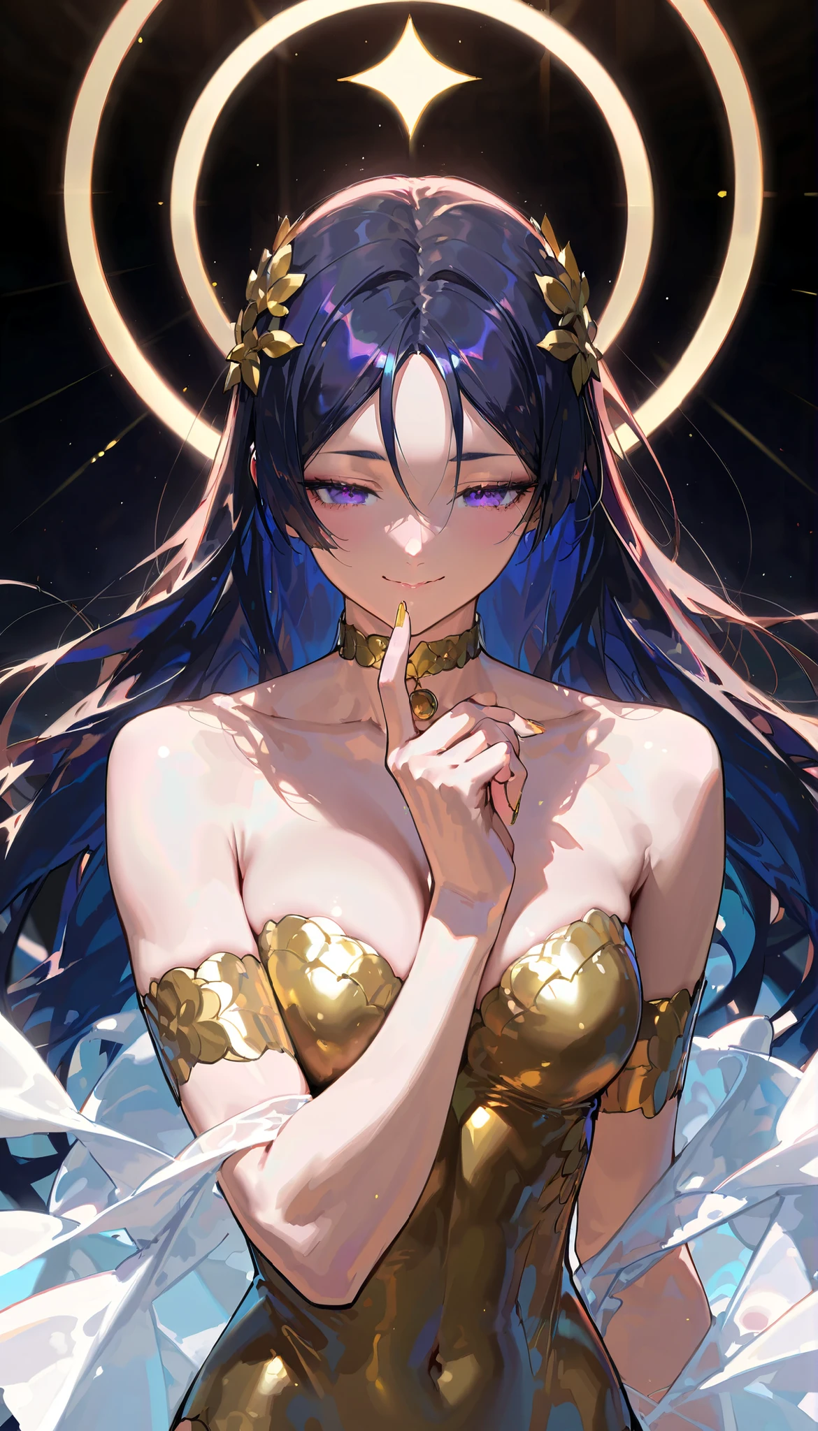 (artist:OKAZU:1.10), (artist:hiten:0.51), artist:WANKE, (artist:ciloranko:0.55), (masterpiece: 1.2), (best_quality: 1.0), (solo: 1.4), (gigantic physique, slim body), (upper body, half body: 1.4), ((Godlikeness, woman like goddess, silhouette woven from fog, woman silhouette, golden mist)), Minamoto no Raikou, (close-up), ((ultra detailed, cinematic, hyper detailed, hyperresolution, official arts, wallpaper 40k, blowing art)), voluminous hair, hair ornament, beautiful finger, beautiful body, beautiful nose, beautiful character design, perfect eyes detail, perfect face, colorful, bright_front_face_lighting, (bright_color: 1.2), (beautiful, medium breasts size: 1.2), (beautiful, medium ass: 1.2), (Beautiful physique: 1.4), (beautiful_face: 1.5), seductive, long legs, (muscular woman, extra muscular), (beautiful skin, embarrassed smile, mouth close, hand up)), collarbone, (gold nails, fingernails, make up, translucent bodypaint, gold bodypaint), cowboy shot, messy hair), (choker, choker on her neck, gold choker, gold, (halo over the head, bright halo, white-gold halo, huge halo, sun behind head, light rays), dark background, 