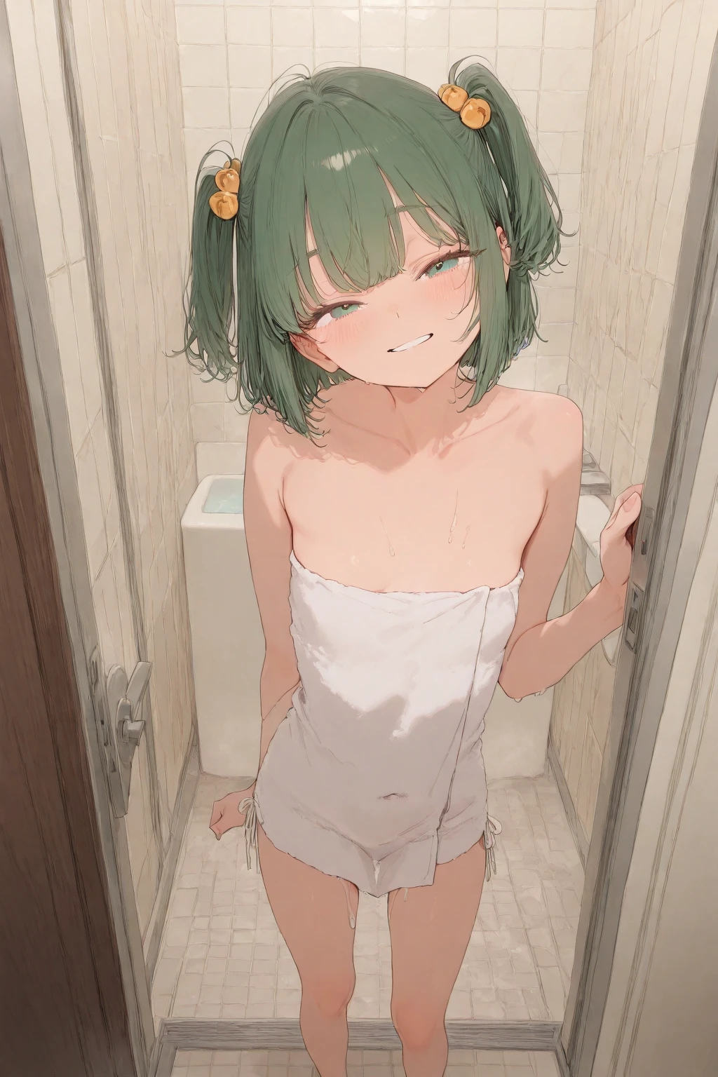 1girl in, Solo, Solo Focus, Cowboy Shot, Portrait,, bobhair,Half Aqua, Half Green, ((Brown hair)), (Yellow hair), (Gradient Hair :1.5), Curly hair, ((Pink eyes)), Ultra-detailed細な目, asa, (Caramel Black Skin:1.1), (Small TI quality, Ultra-detailed, university shower room,toppless,Show the armpits,hide the chest with your hands,Take a shower naked,crouching down