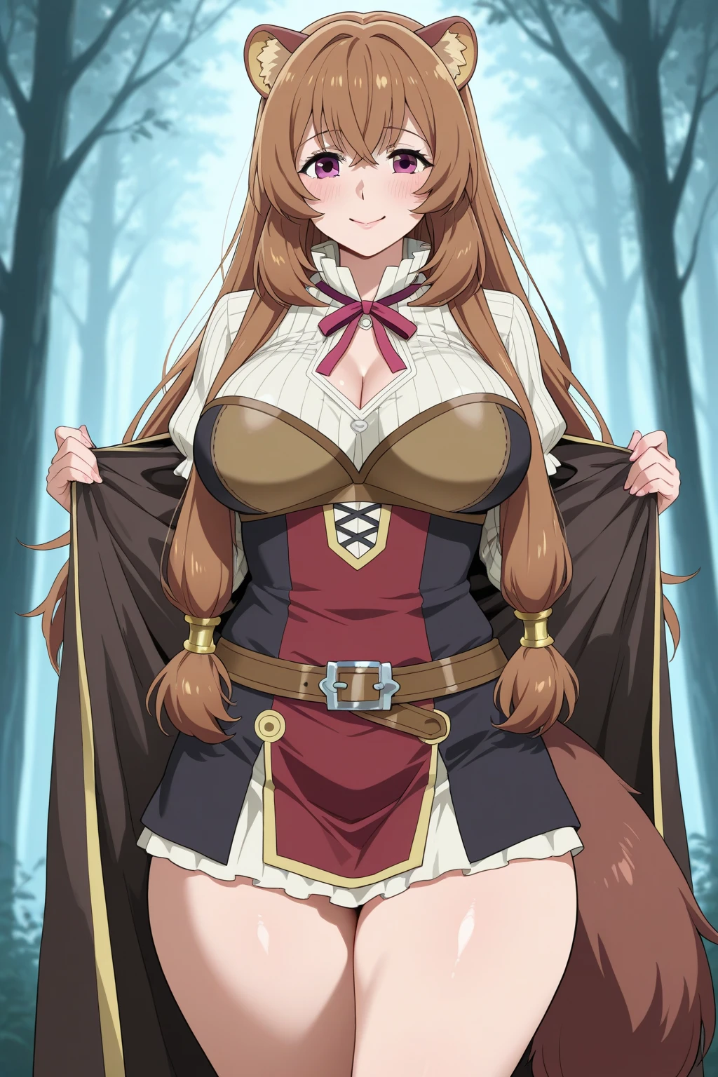 Kousaka honoka, tight, huge breasts, long Braids ,(strapless leotard:1.2), thighhighs boots ,long magical scarf, gloves, night,full moon, forest,cape, covering crotch,belt