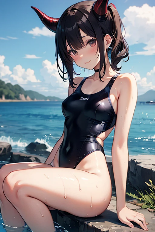 Random patterned swimsuit、Random Swimsuit、Swimsuits in random colors、Random pose、、Acme Face、Random pose、, Pale purple eyes、Semi-long hair、Black Hair、Sandy Beach、、、nsfw、Highest quality、1 girl、solo、Ocean、Sexy pose、Random pose、Blushing、wet、Embarrassed、I can see half of my 、、One Piece Swimwear、(Strap slip:1.3)、Swimsuits in random colors、Swimwear