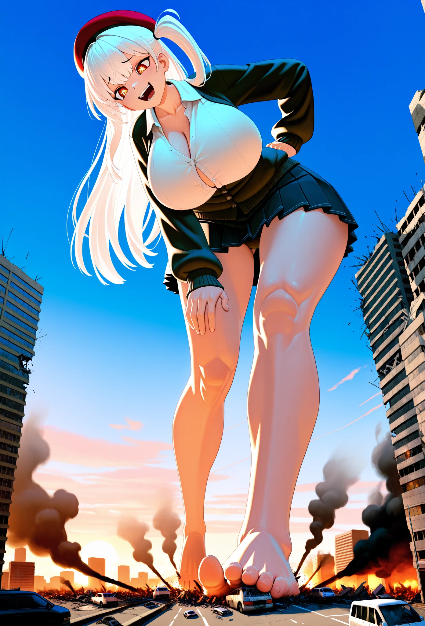 🔞、Beautiful girl who kills soldiers、Cute Face、Big eyes、Thick lips、Beautiful breasts、Beautiful legs、Giant illustration、Portrait of a Giant、A distant view of a small city、Distant view of the big city from the side、Small buildings on fire、Soldier fighting giants、tank、battlefield、Fighter、美しいnude、Kneeling、Make women bigger、nude、giantess、Giantess、A devastating landscape、Many small buildings、Destroyed small town view、A small collapsed building、Lots of rubble、Realistic Anime、Real Animation、Japanese、blush、Sit with your legs apart、smile、Naked Girls、Naked Beauty、nude、masterpiece、High quality、high resolution、解剖学的にAccurate body、Accurate body、Very detailed、Full Color、force、Ecstatic expression